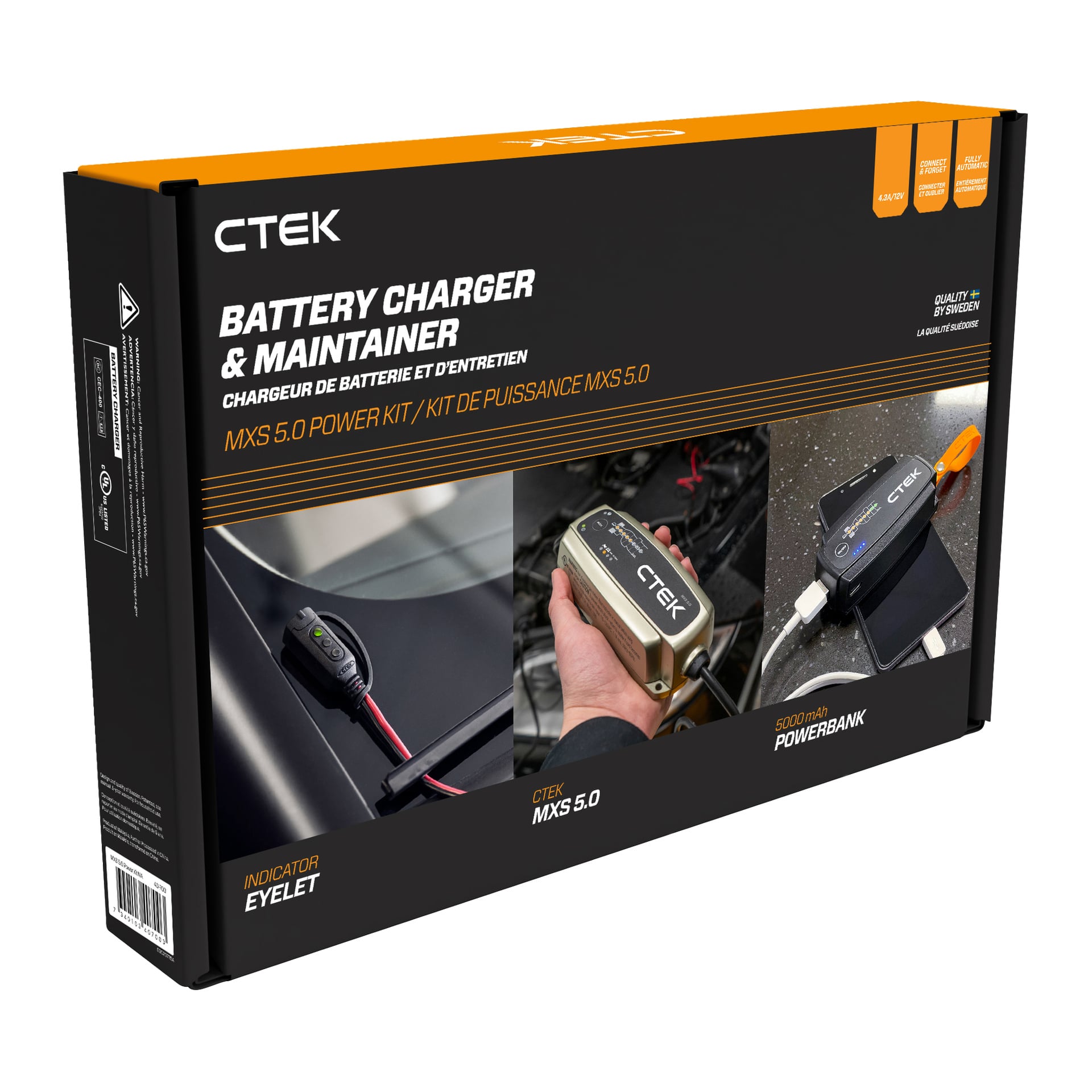 CTEK MXS 5.0 Power Kit-lådan visar laddare, kablar och användningsbilder tillsammans med viktiga funktioner och produktinformation på förpackningen.