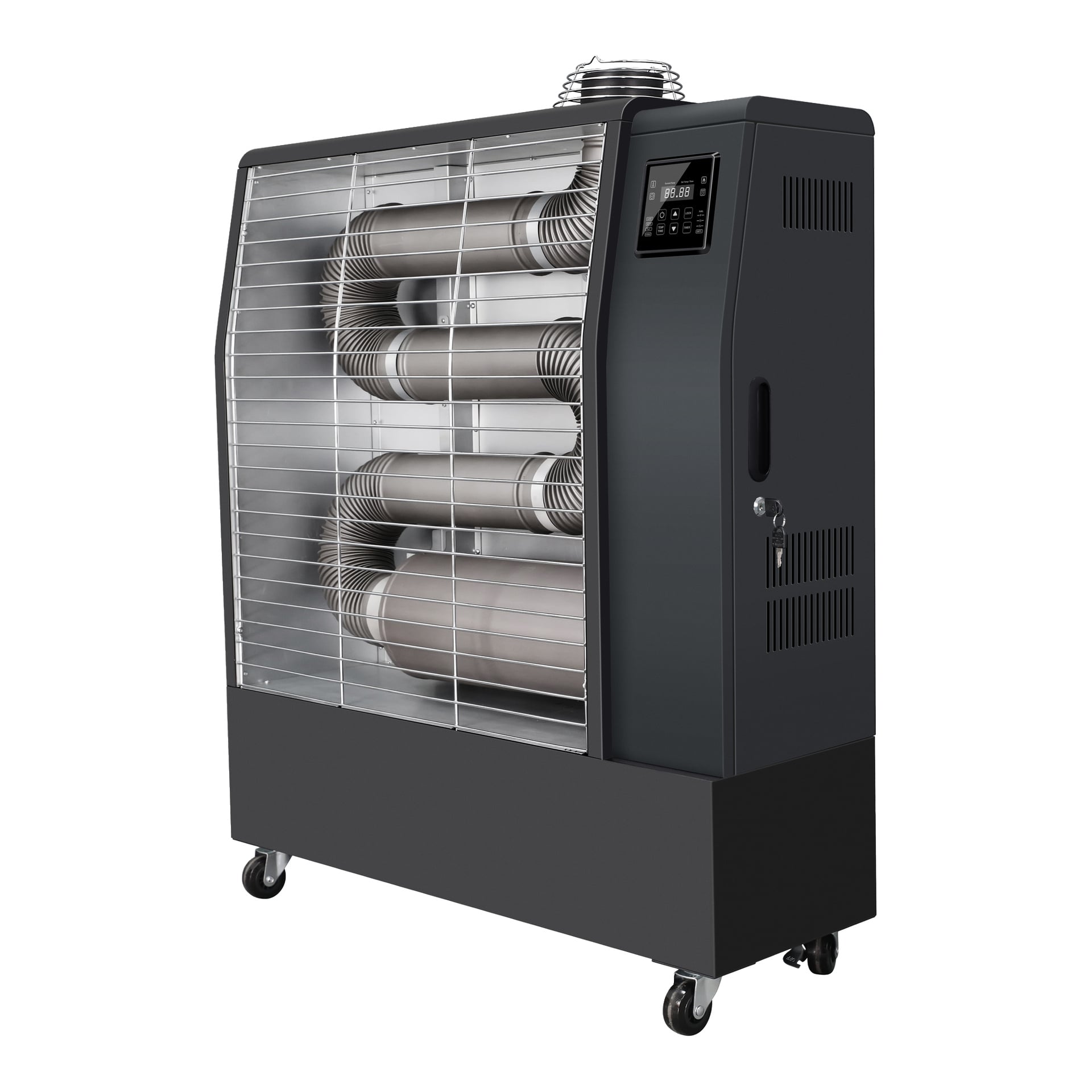 Klimacom NDH-16 dieselvarmer har synlige varmespoler, frontgrill, kontrollpanel, ventiler og fire hjul.