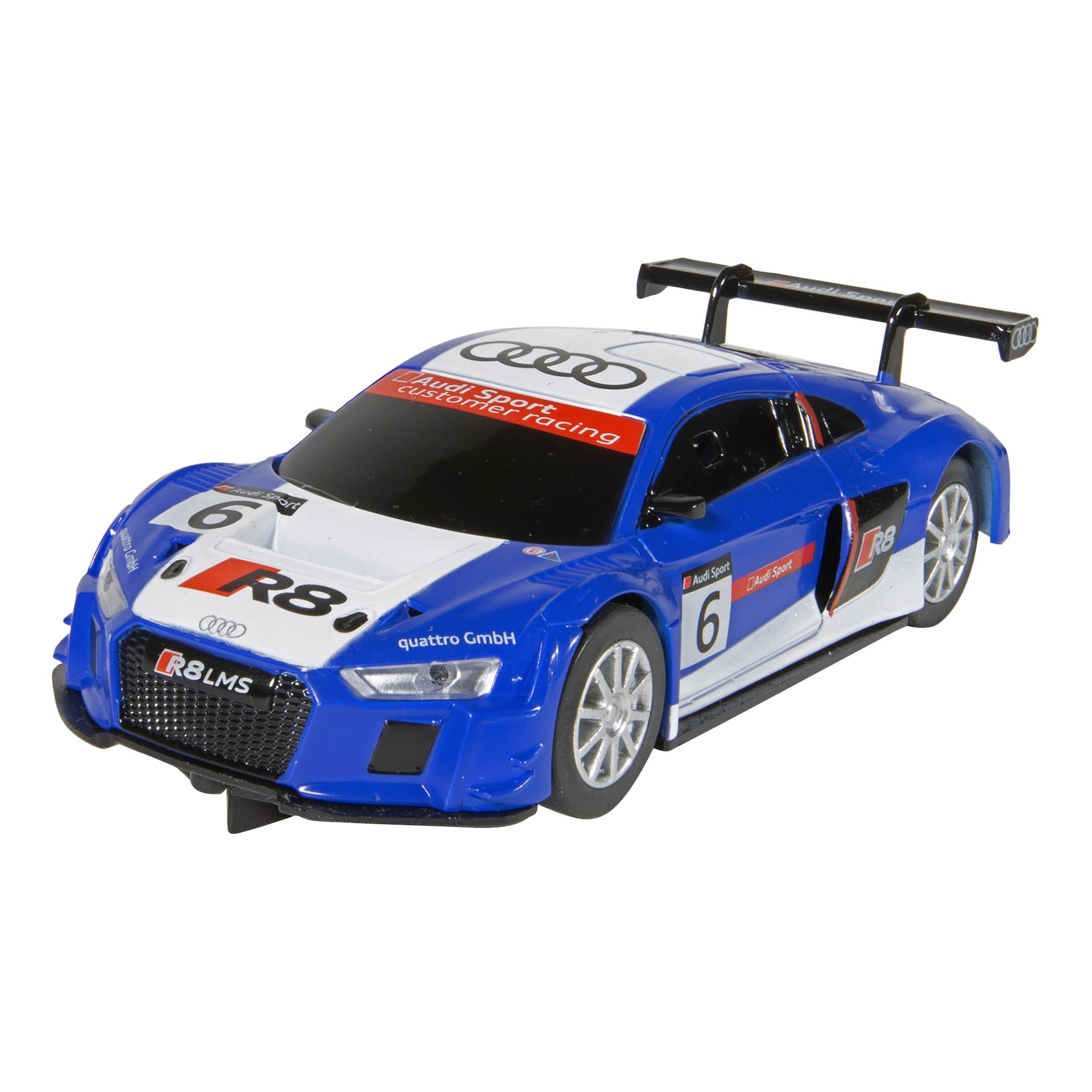 Blå och vit Scalextric Audi R8 leksaksbil med nummer 6, svart bakvinge, sponsorlogotyper, Audi-märken och detaljerade detaljer.