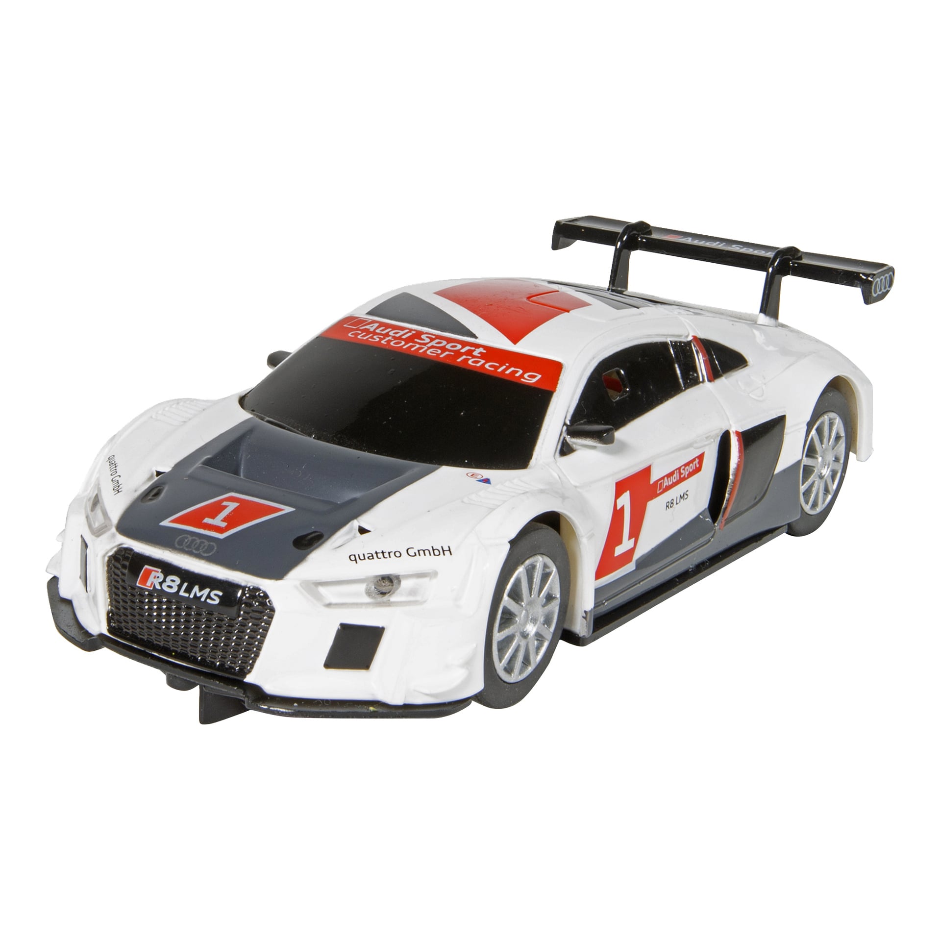 En Scalextric Audi leksaksracerbil i vitt och svart med röda detaljer, nummer 1-dekaler, Audi Sport-märkning, spoiler och strålkastare.