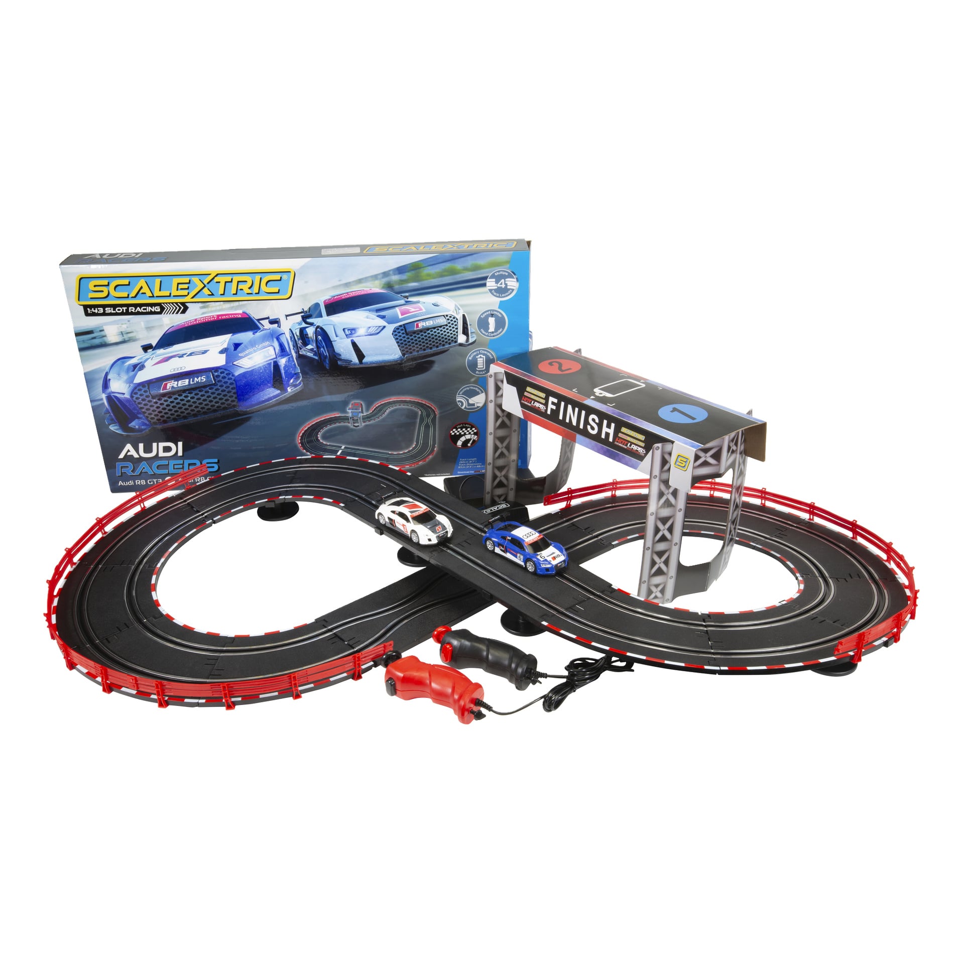 Scalextric Audi Racers med slingrande svart bana, två kontroller, vita och blå Audi-bilar, mållinje och illustrerad låda.