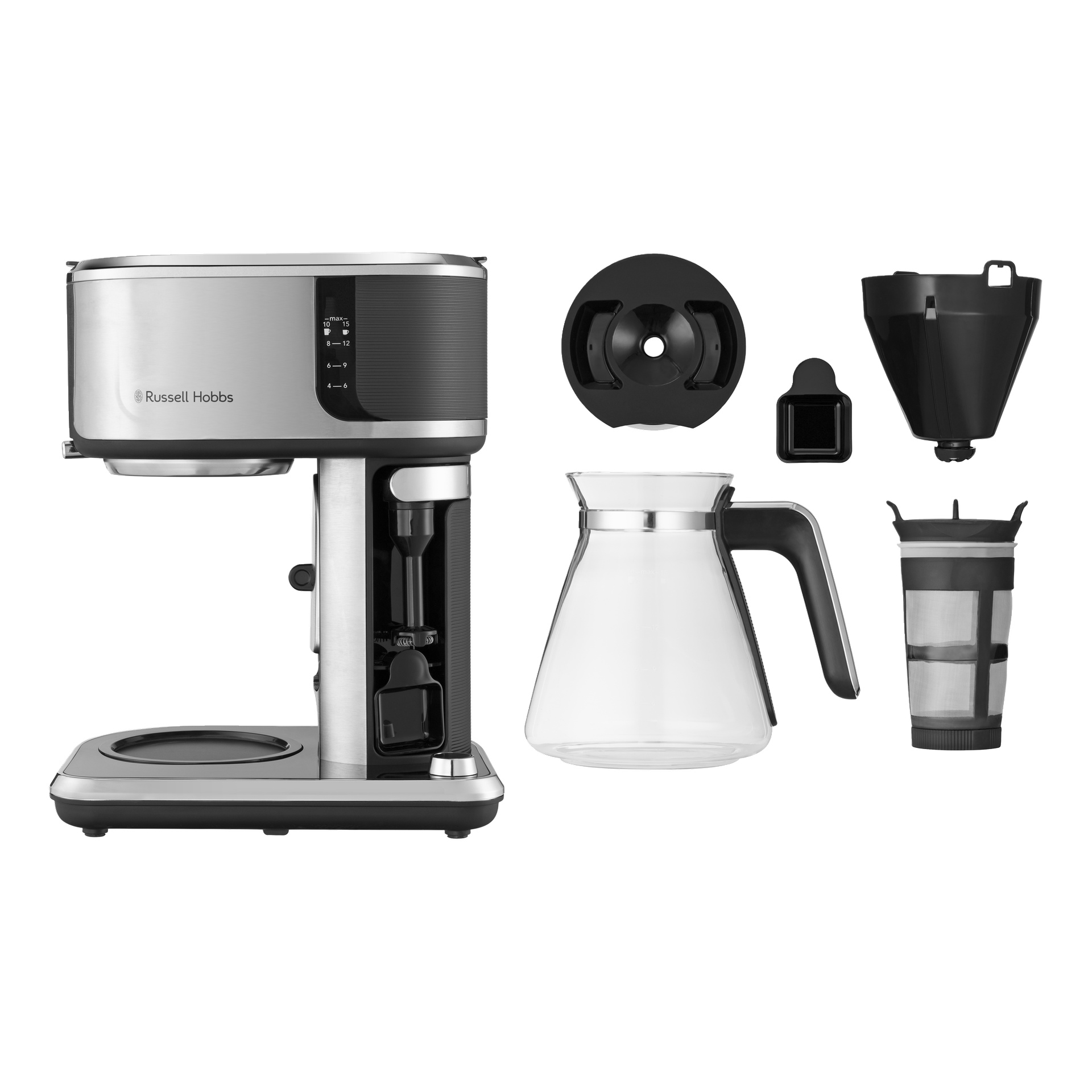 Russell Hobbs Coffee Maker Attentiv w kolorze srebrno-czarnym z dzbankiem szklanym, czarną pokrywką, łyżką do kawy, filtrem i kubkiem podróżnym.