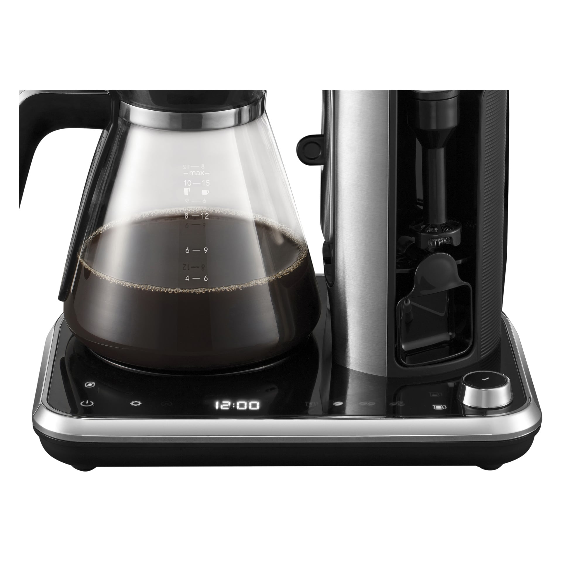 Ekspres do kawy Russell Hobbs Attentiv z oznaczoną szklaną karafką, częściowo wypełnioną kawą, na czarno-stalowej podstawie pokazującej 12:00.