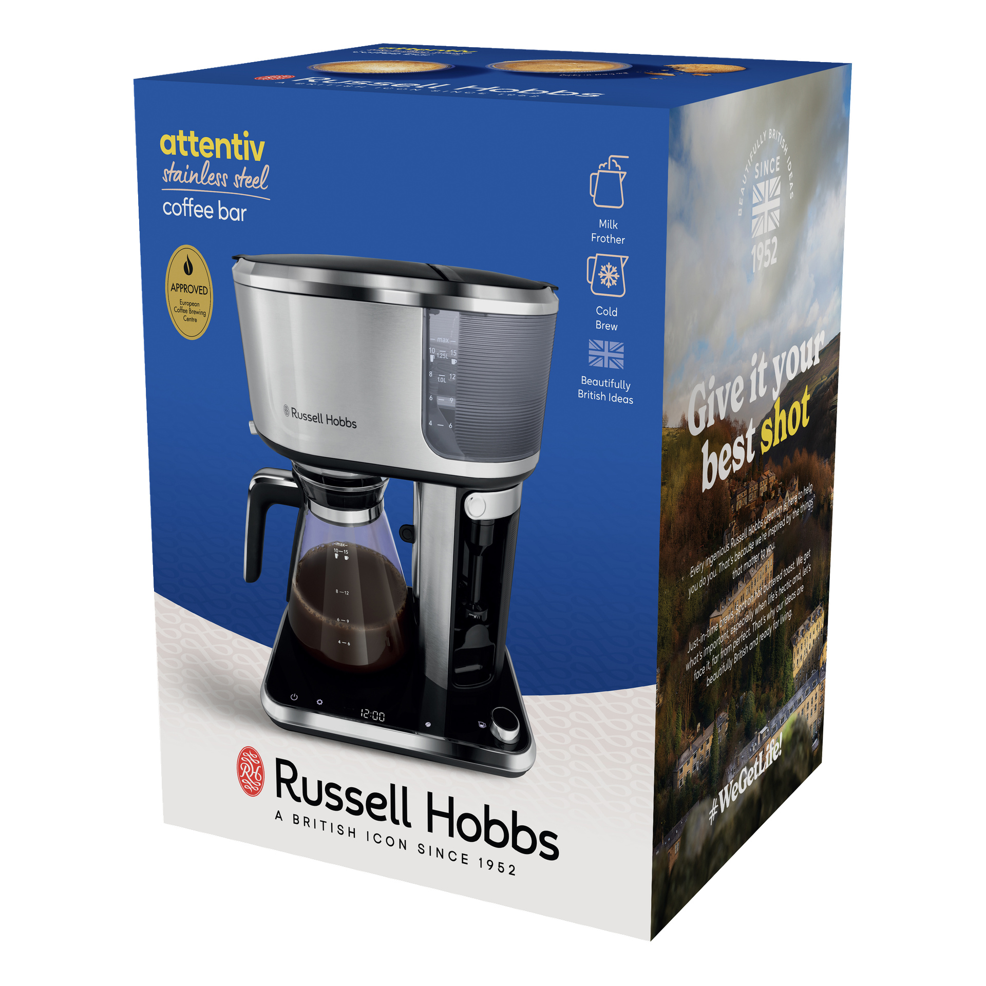 Pudełko ekspresu do kawy Russell Hobbs Attentiv pokazuje urządzenie z przodu, podkreślenia produktu po boku oraz logo marki z hasłem informacyjnym.