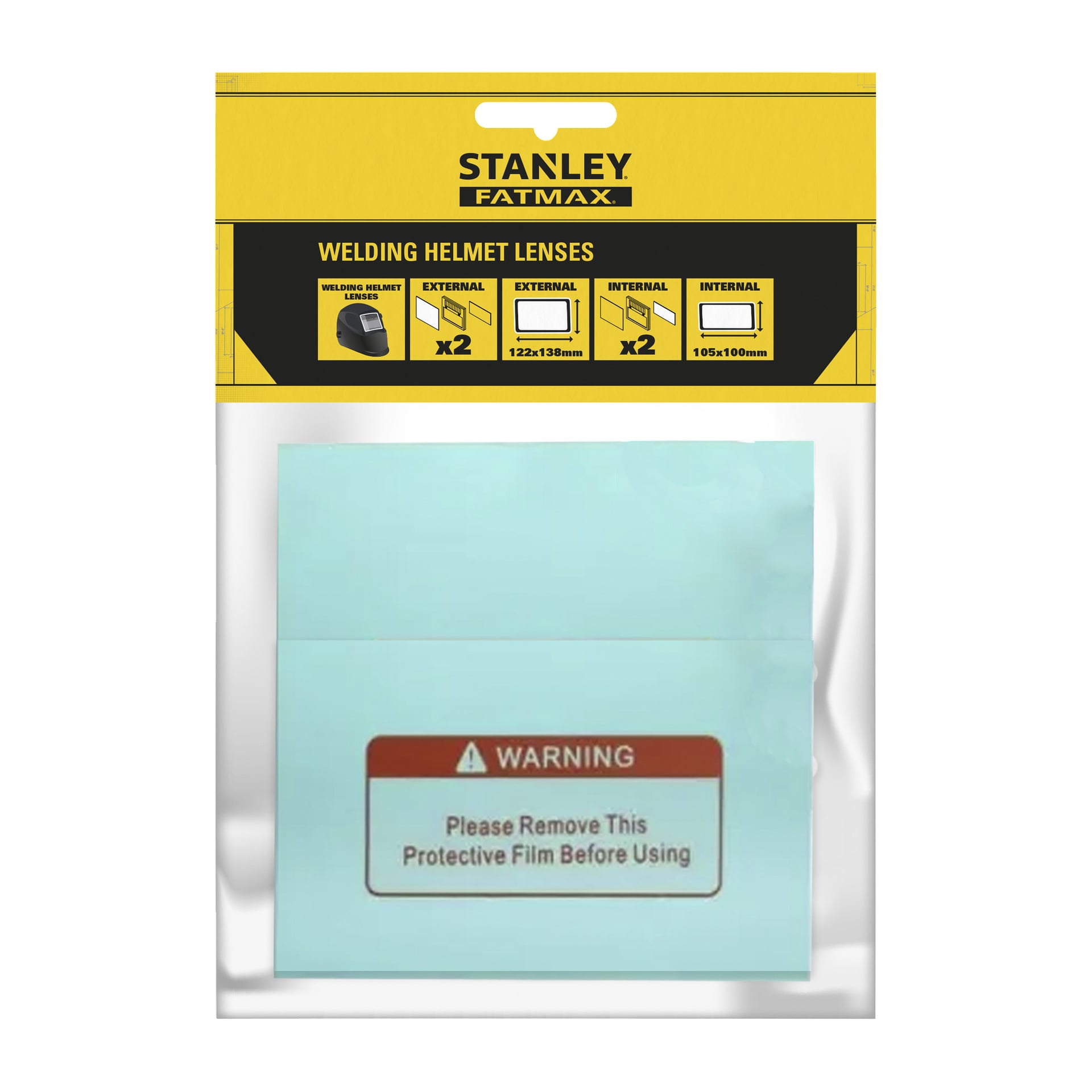 Stanley Fatmax säkerhetsglas för svetsar av hjälmar, 2-pack, inkluderar en skyddsfilm med en röd etikett som styr borttagning före användning.