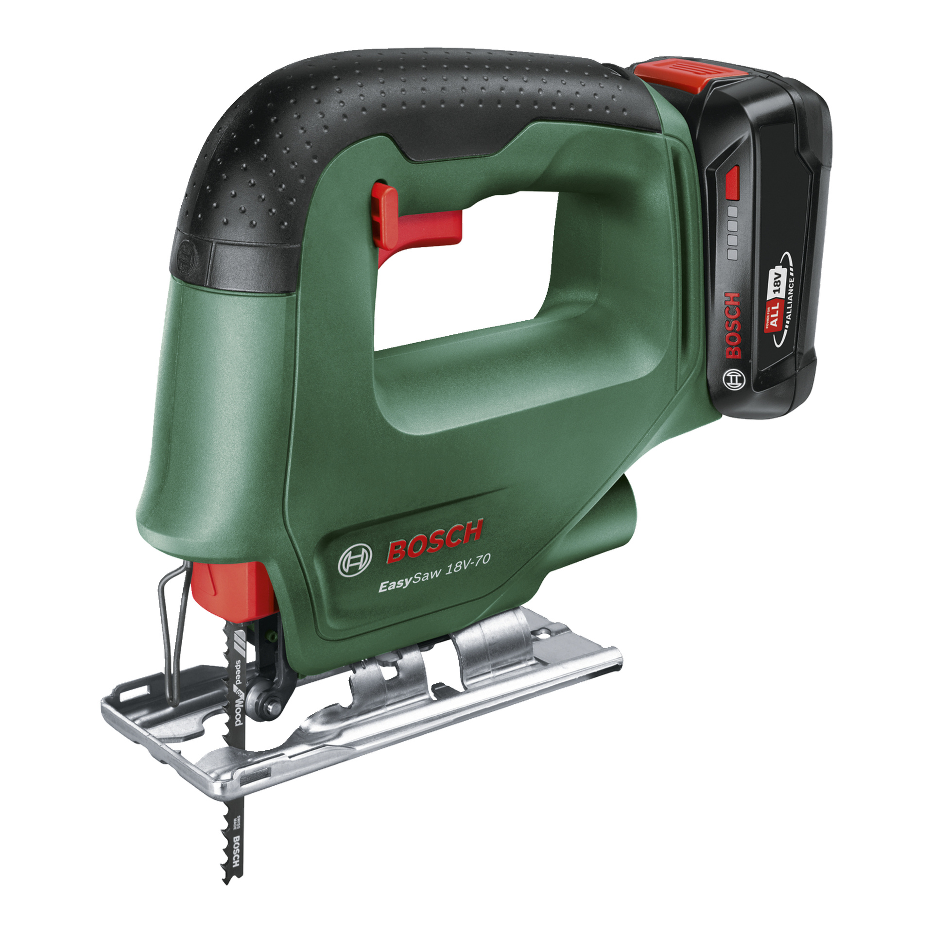 Bosch Power 4 All Tool Pack z zielono-czarną bezprzewodową wyrzynarką, czerwonym spustem, akumulatorem i przednim ostrzem z płytą podstawową.