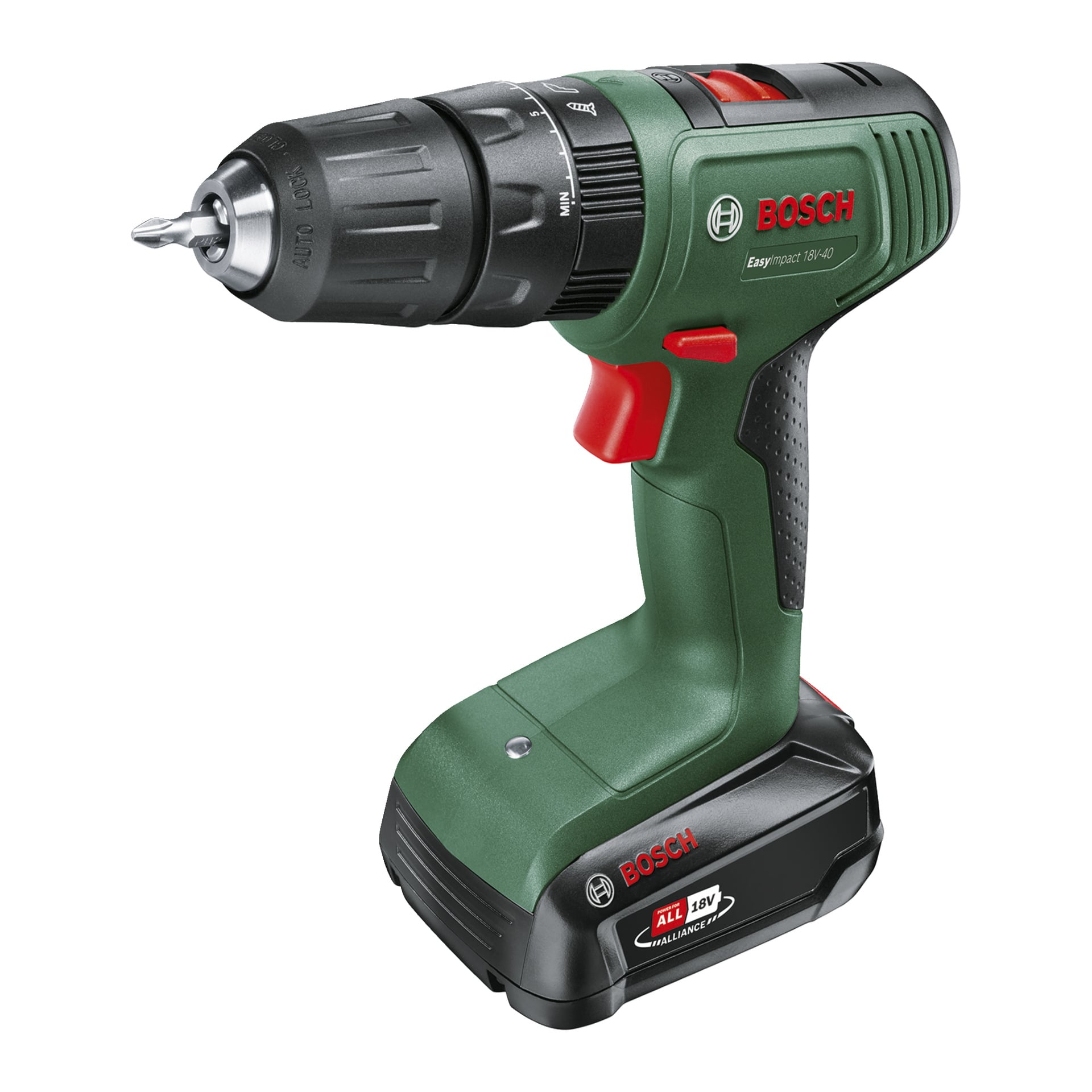 En grønn Bosch Power 4 All trådløs drill har svart grep, rød avtrekker, merket merkevare og batteri i bunnen.