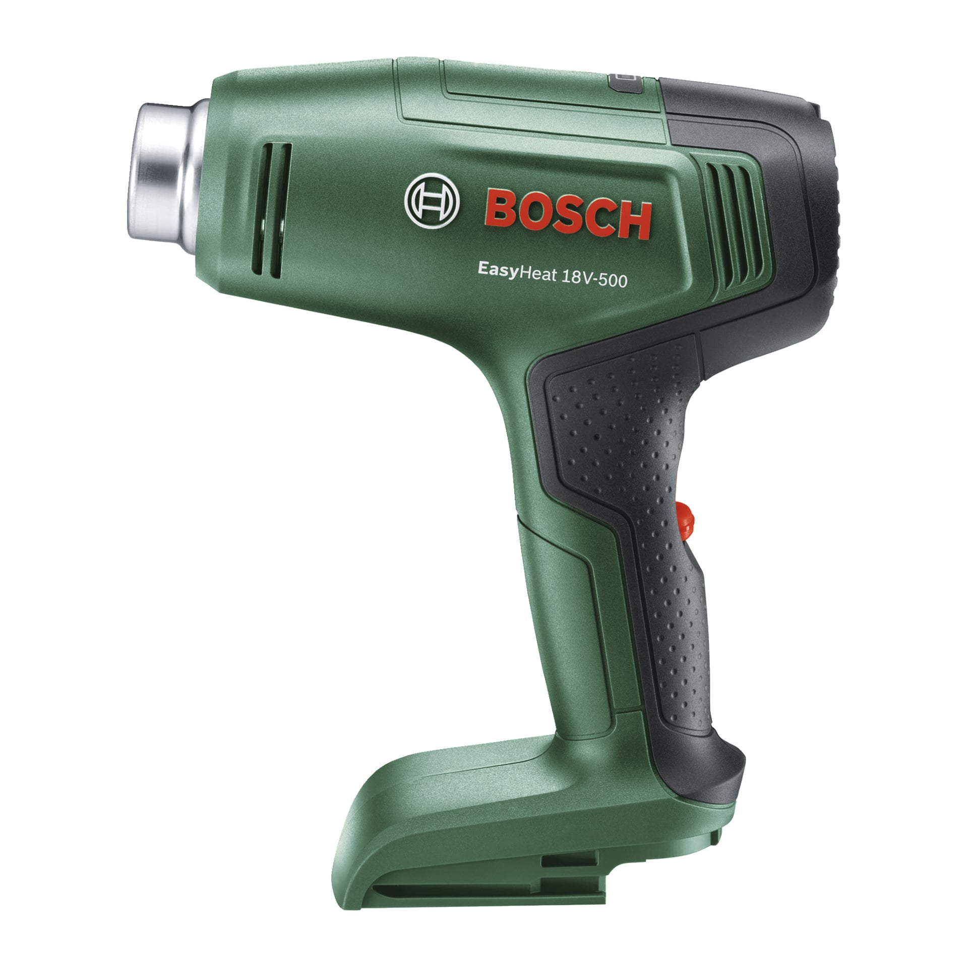 Zielono-bezprzewodowy pistolet na gorące powietrze Bosch Power 4 All EasyHeat z teksturowanym chwytem, dyszą i logo Bosch po boku.