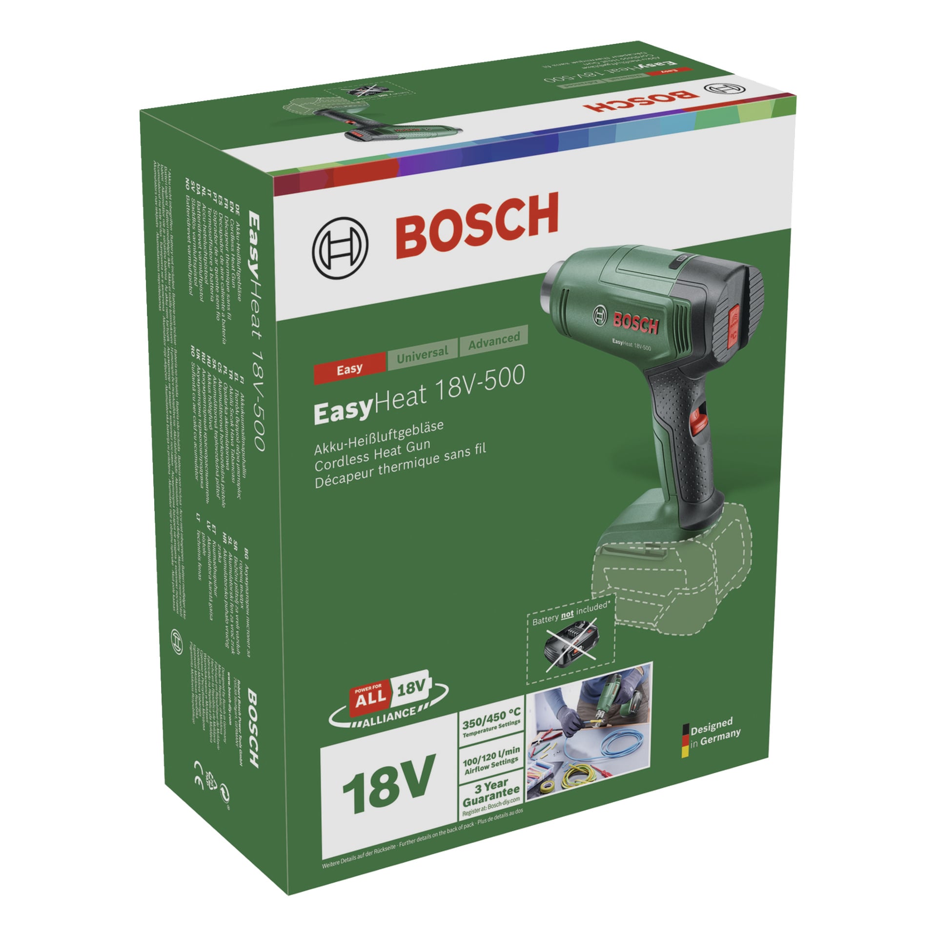 Zielona skrzynka Bosch Power 4 All EasyHeat przedstawia bezprzewodowy pistolet na gorące powietrze, specyfikacje produktu, funkcje, logo Bosch oraz "Zaprojektowane w Niemczech.