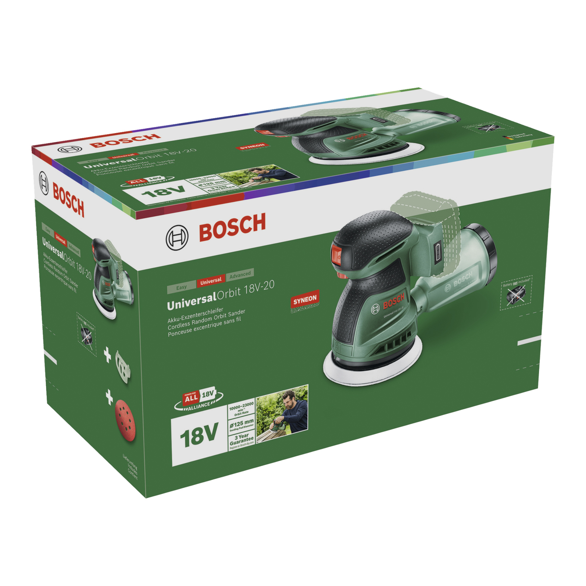 Grön Bosch Power 4 All UniversalOrbit slipbox med produktbilder, Bosch-logga och ikoner för 18V effekt och systemkompatibelhet.