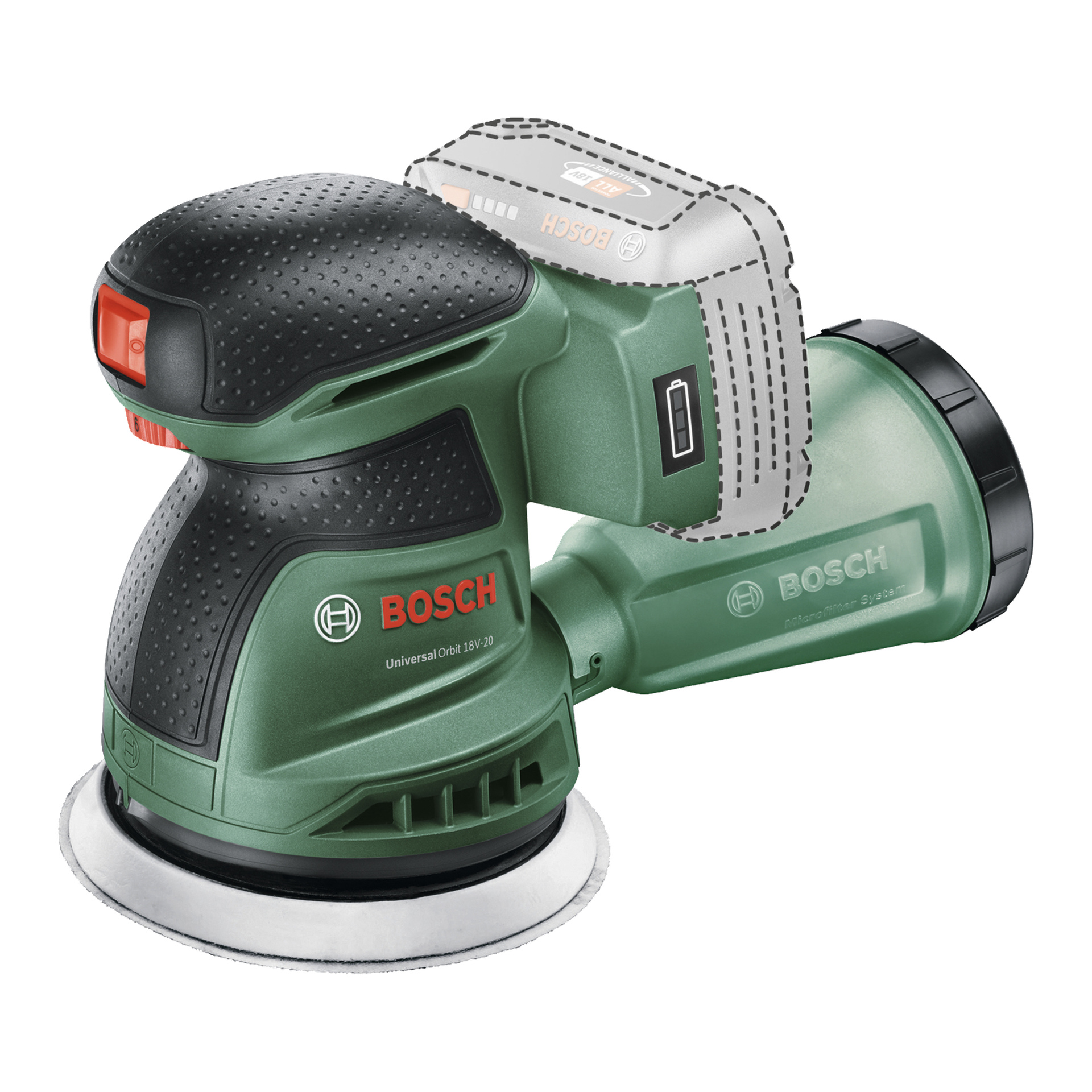 Grön Bosch Power 4 All UniversalOrbit sladdlös slipmaskin med svart texturerat grepp, röd strömbrytare och markerad batteriplats; Inget batteri anslutet.