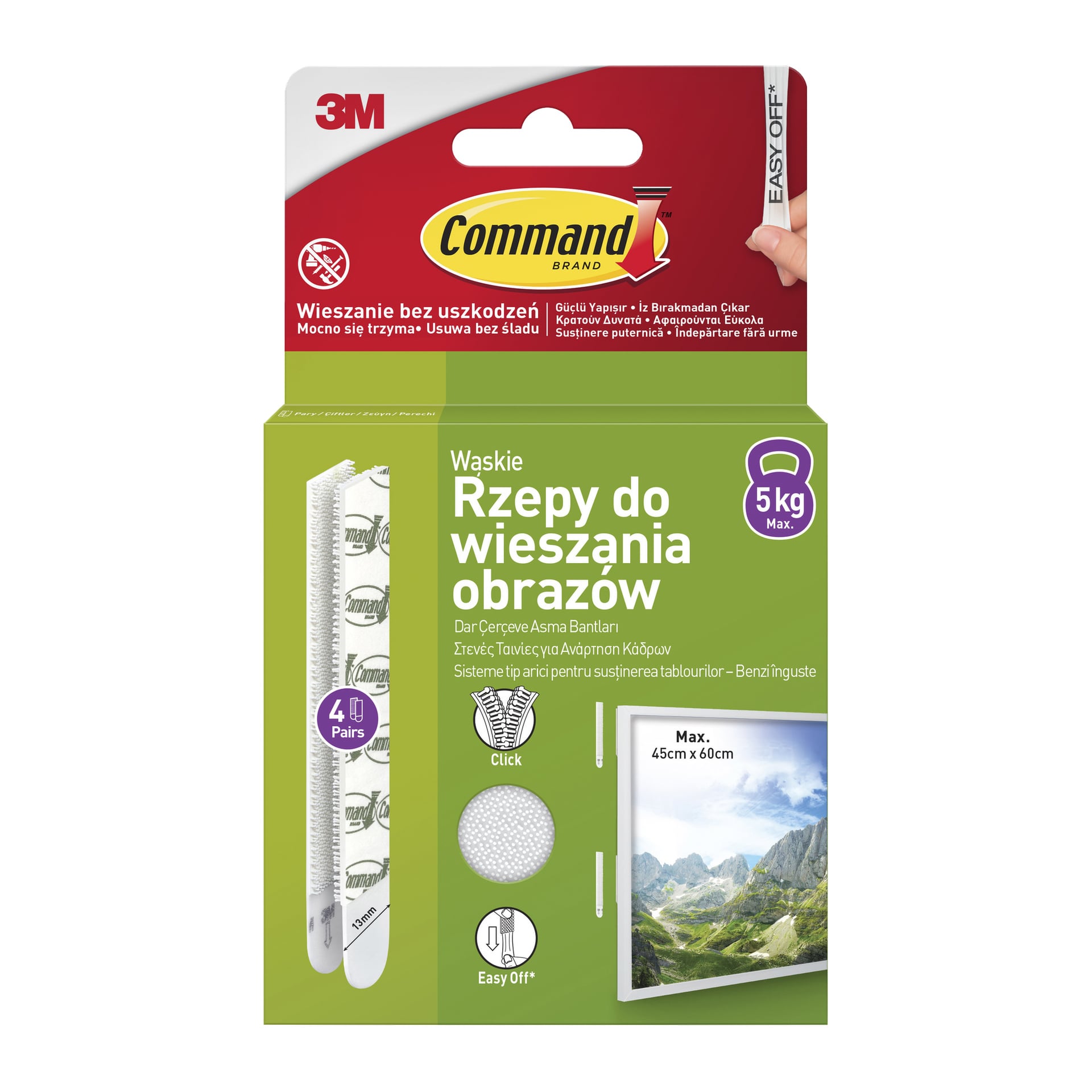 Command Self-adhesive Picture Strips do wąskich ramek, 4 pary. Dołączone są zapięcia na haczyk i pętlę, paski, instrukcje. 13 mm szerokości, podpory do 5 kg.