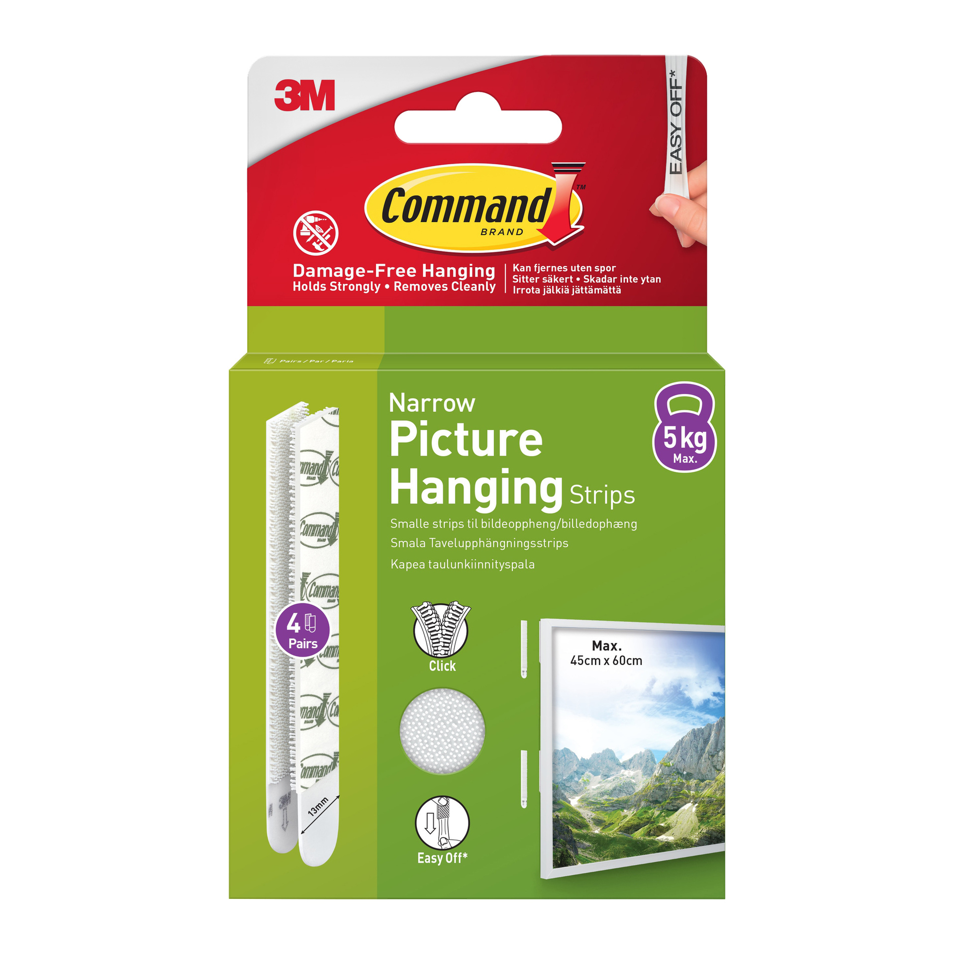 Command selvklebende bildestrimler for smale rammer, 4 par, holder opptil 5 kg, passer 45 x 60 cm rammer; Emballasjen viser detaljer.