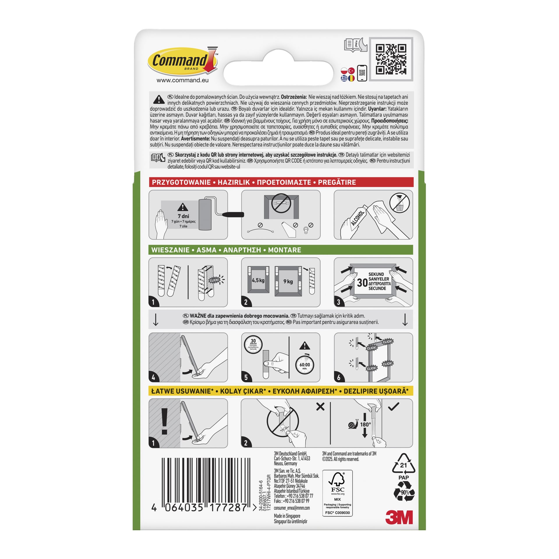 Tył zestawu Command Heavy Frames Extra Large Picture Hanging Strips na 4 pary z instrukcjami, diagramami, logo 3M i kodem kreskowym.