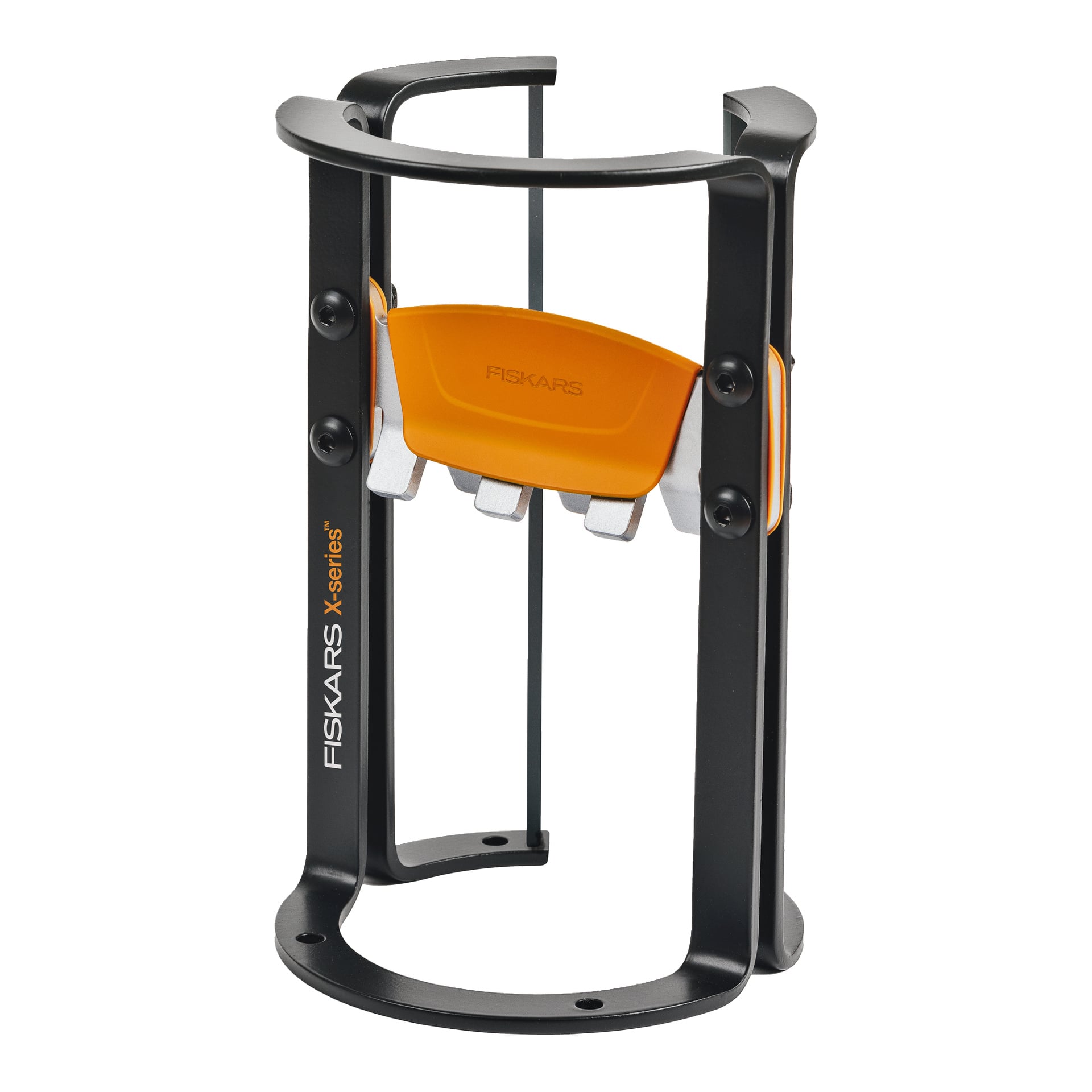 Fiskars Xsharp Holzspalter mit schwarzem Metallrahmen, orangefarbenem Griff mit Fiskars-Markierung und drei zentralen Metallklingen, die aufrecht stehen.