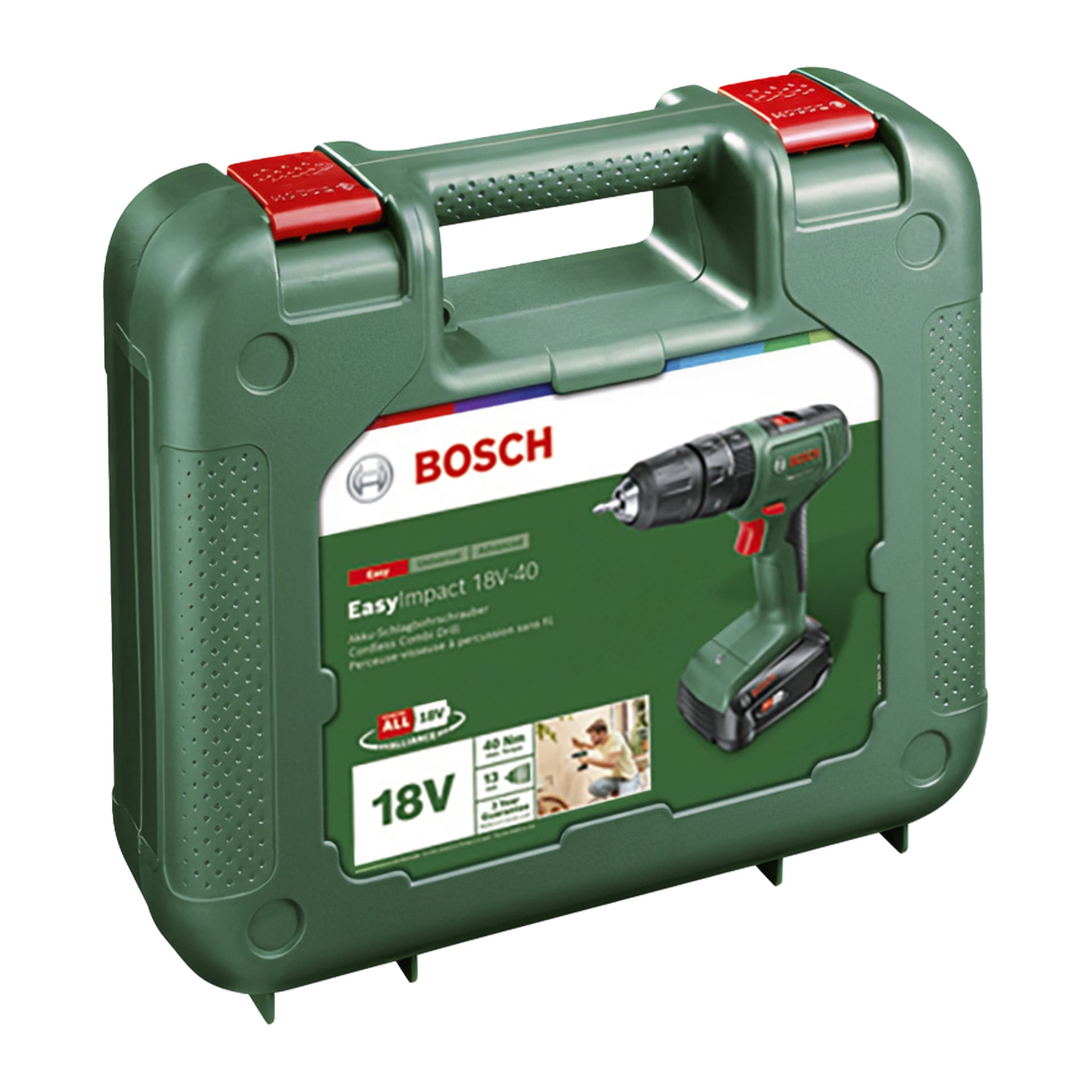 Grönt plastfodral med Bosch Power 4-logotyp, handtag, röda spännen och bild på EasyImpact 18V-40 sladdlös slagskruvmejsel.