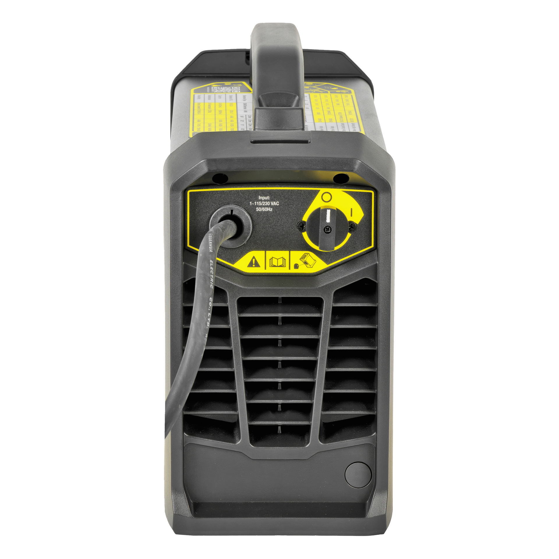 ESAB Rogue ES 151iP z falownicą w czarno-żółtym kolorze, podłączony kabel zasilający, z pokrętłem wyboru i uchwytem na górze.