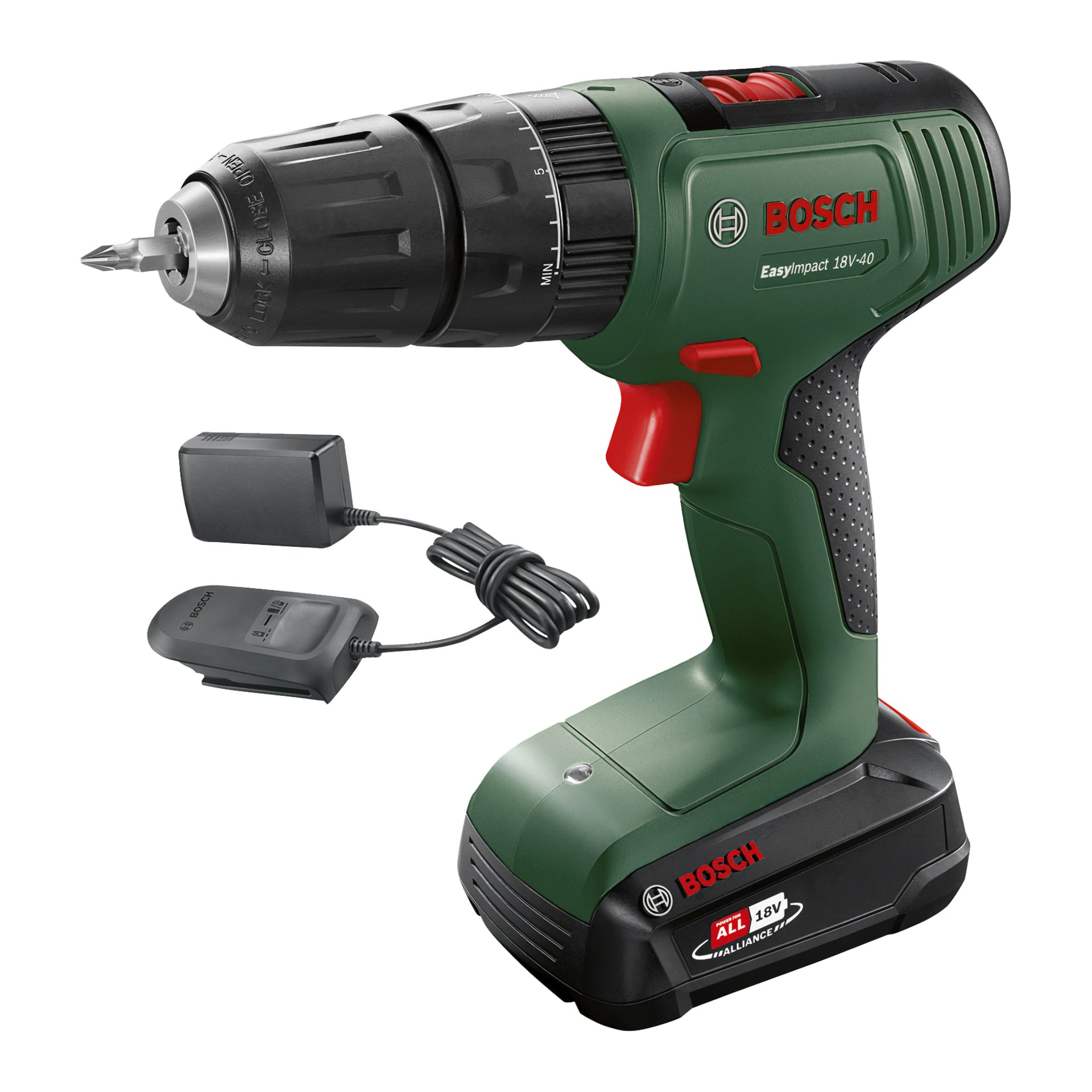 En Bosch EasyImpact 18V-40 sladdlös skruvmejsel med slagverk, borr, avtagbart batteri, laddare och grön-svart-röd design.