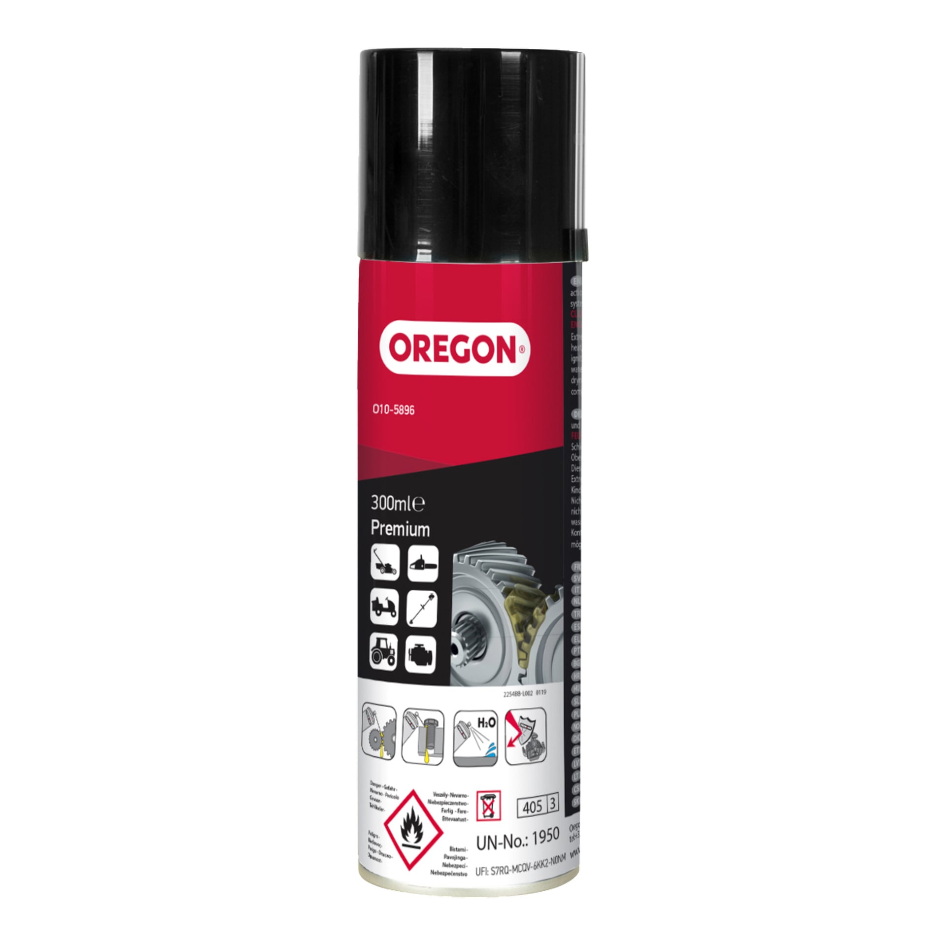 En svart och röd sprayburk märkt "Oregon Universal Spray 300 mL" visar ikoner för bil-, trädgårds- och maskinanvändning med varningssymboler.