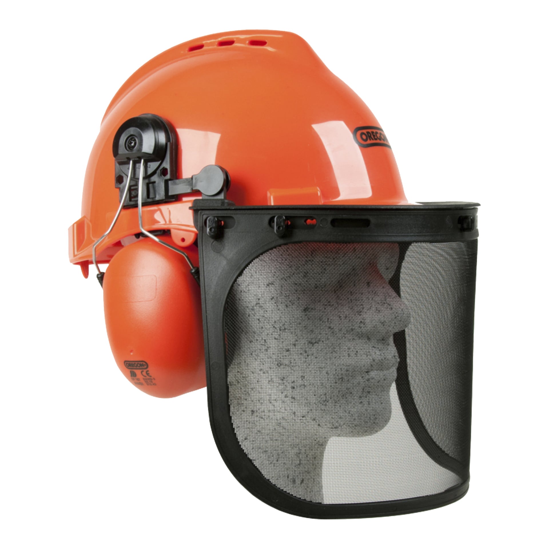 Ett grått skyltdockehuvud visar Oregon Chainsaw 574742A-kitet med orange hjälm, hörselskydd och svart mesh-ansiktsskydd, högervänd.