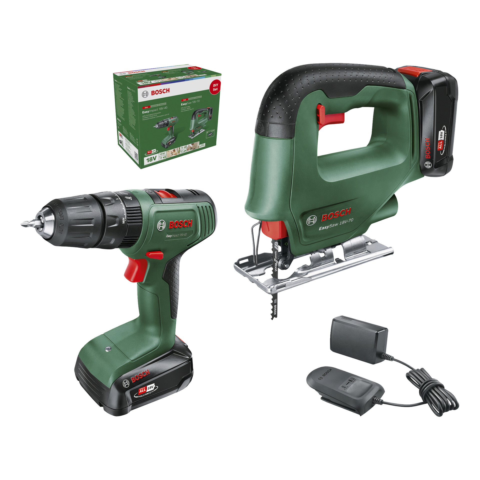 Bosch Power 4 All Tool Pack z zieloną wiertarką bezprzewodową, wyrzynarką, ładowarką, adapterem i pudełkiem produktu. Czerwone i czarne akcenty, logo Bosch.