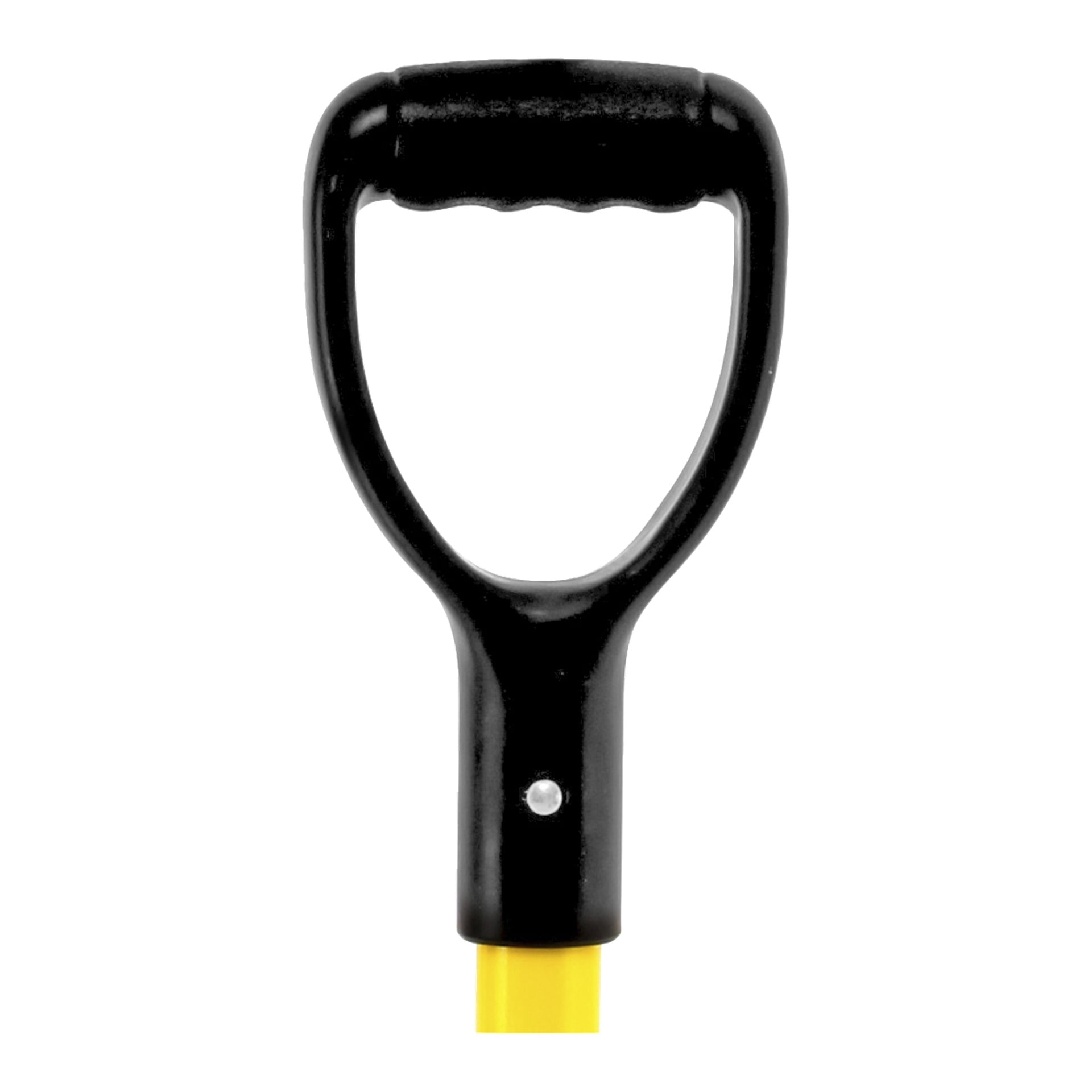 Närbild av Hörby Bruk Serrated Spade Extrem med ett svart plasthandtag med D-grepp på gult skaft.