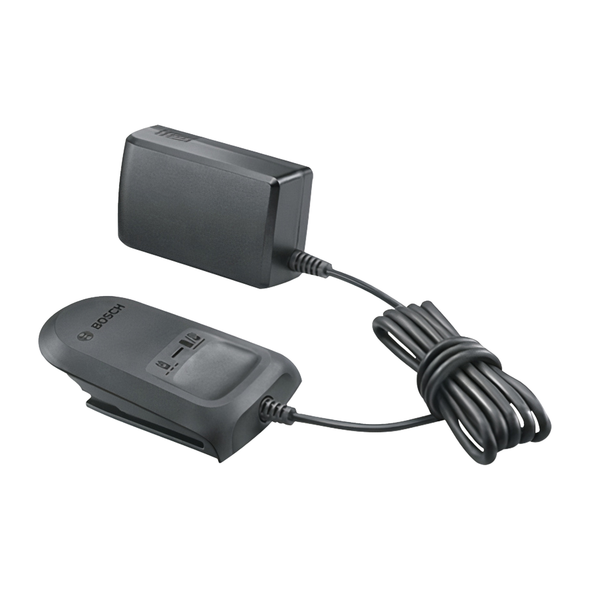 Pakiet narzędzi Bosch Power 4 All Tool zawiera ładowarkę do baterii, zasilacz oraz kołyskę do ładowania z kablem do baterii Bosch.