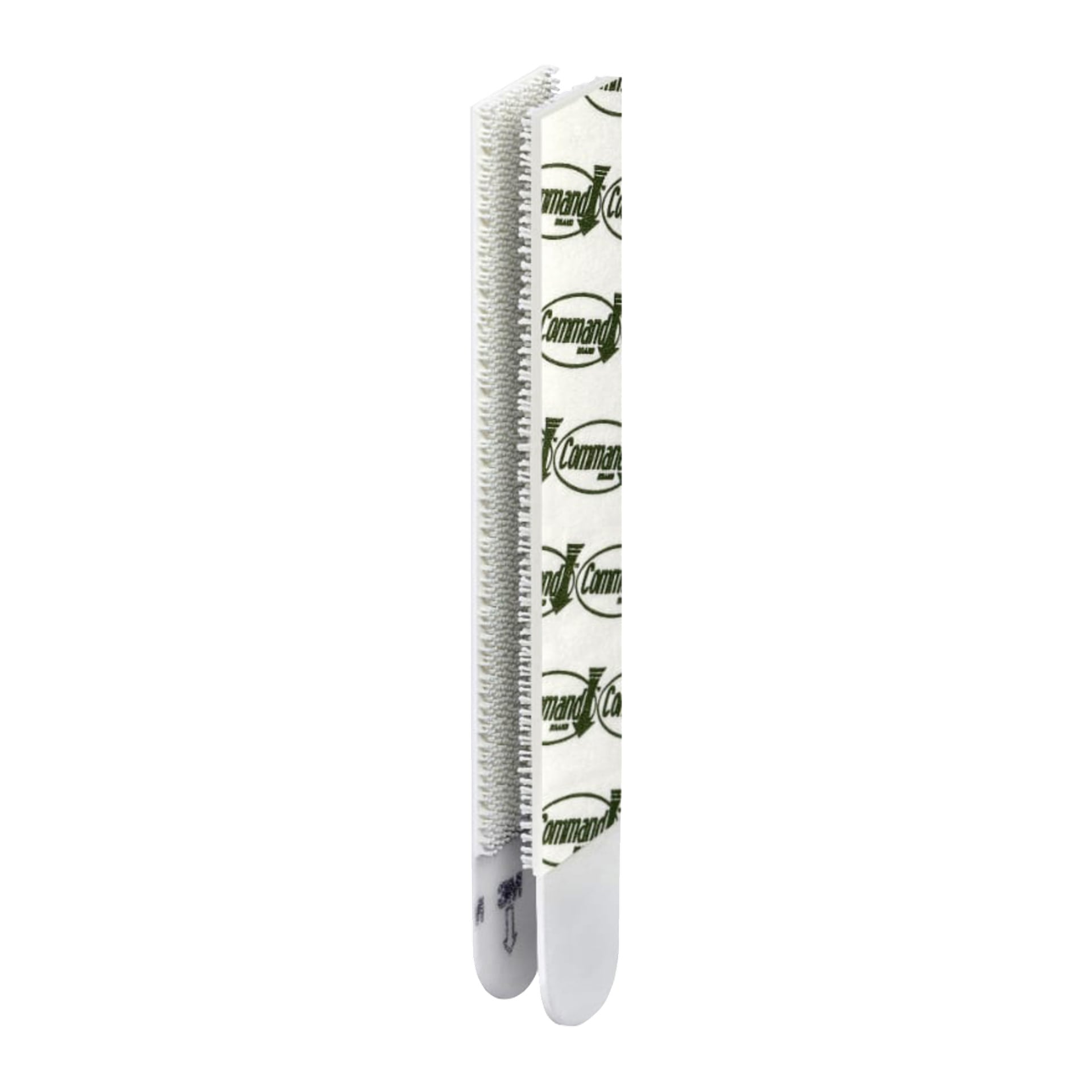 Kaksi liitettyä Command Narrow Picture Hanging Strip -nauhaa on esitetty, toinen logolla ja toinen tekstuurilla; 4 paria kapeille rungoille.