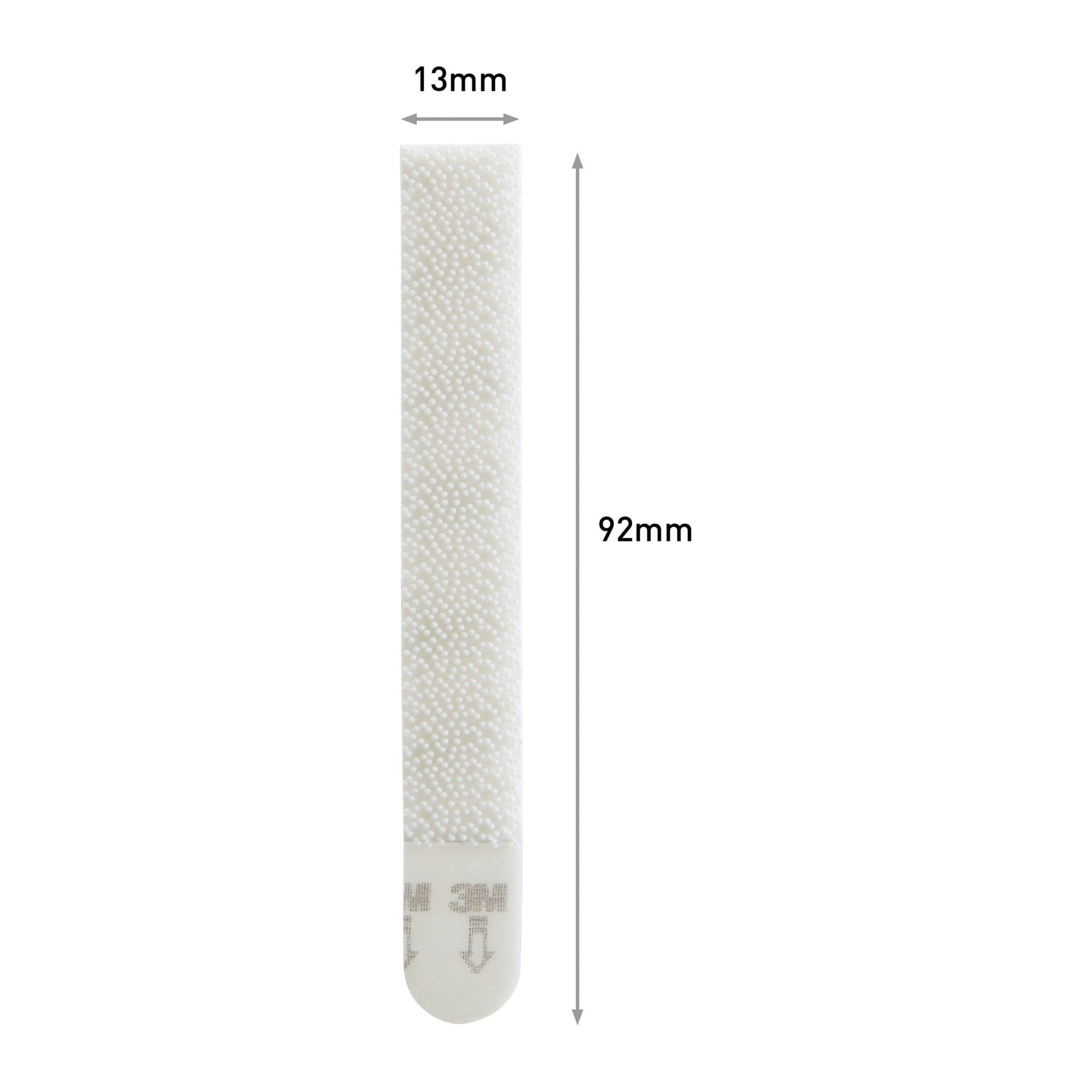 Command Narrow Picture Hanging Strips, 4 pary dla cienkich ramek. Każdy biały, teksturowany pasek ma wymiary 92 mm x 13 mm z jasnoszarymi oznaczeniami na krawędziach.
