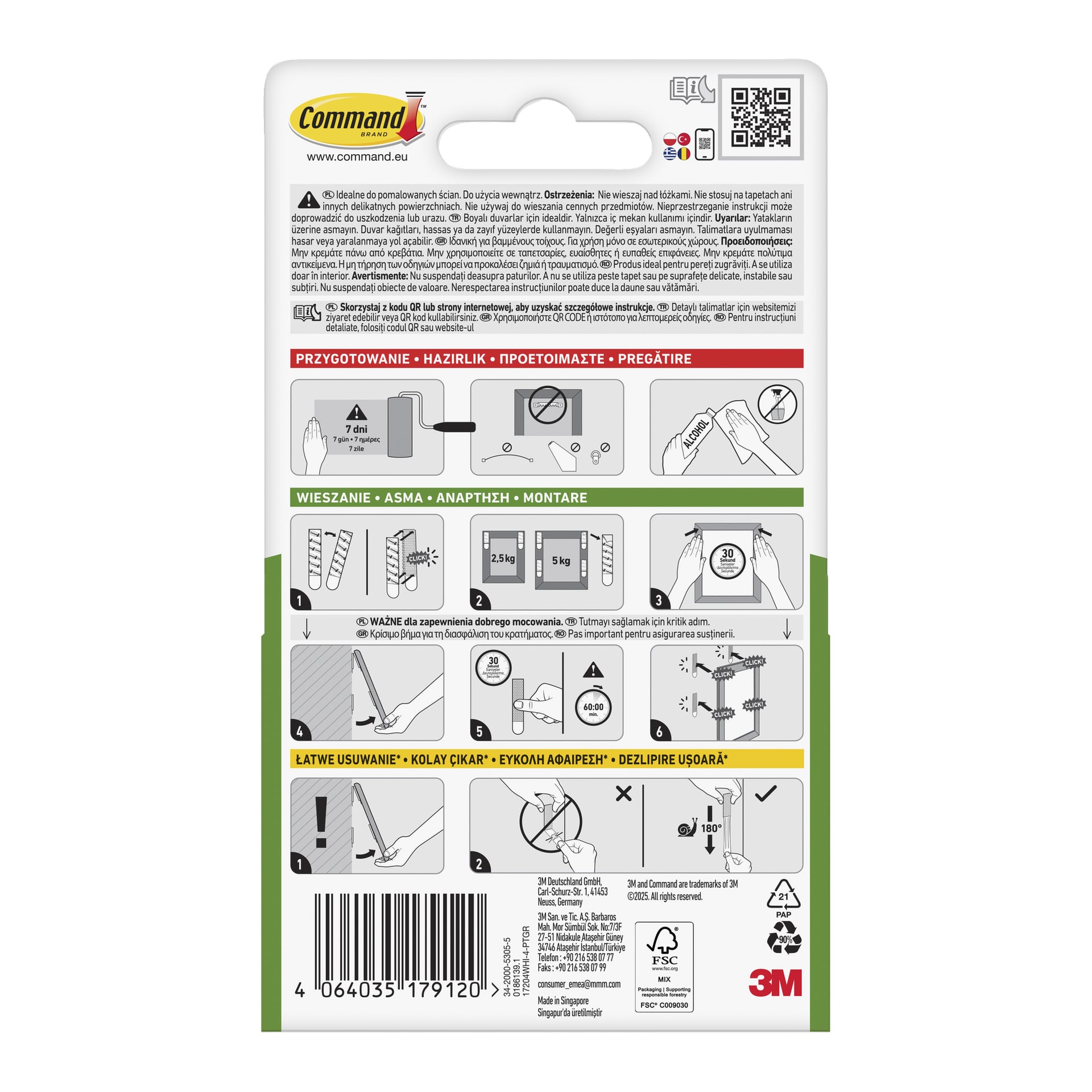Tył zestawu pasków Command Medium Whiteboard Strips z instrukcjami użycia, ostrzeżeniami, specyfikacjami, kodem kreskowym oraz logo 3M.
