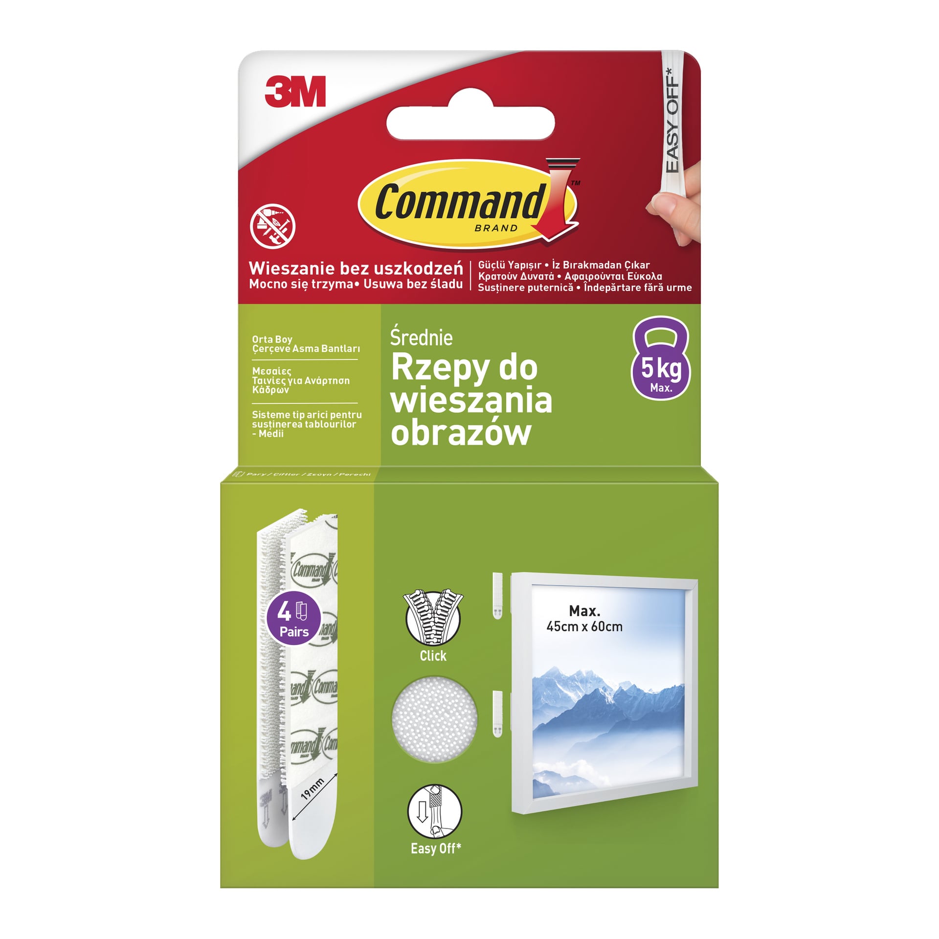 Paczka Command Medium Picture Hanging Strips (4 pary) z informacjami o produkcie, zdjęciami pasków oraz diagramem pokazującym, że mogą wytrzymać do 5 kg i 45 × 60 cm ramek.