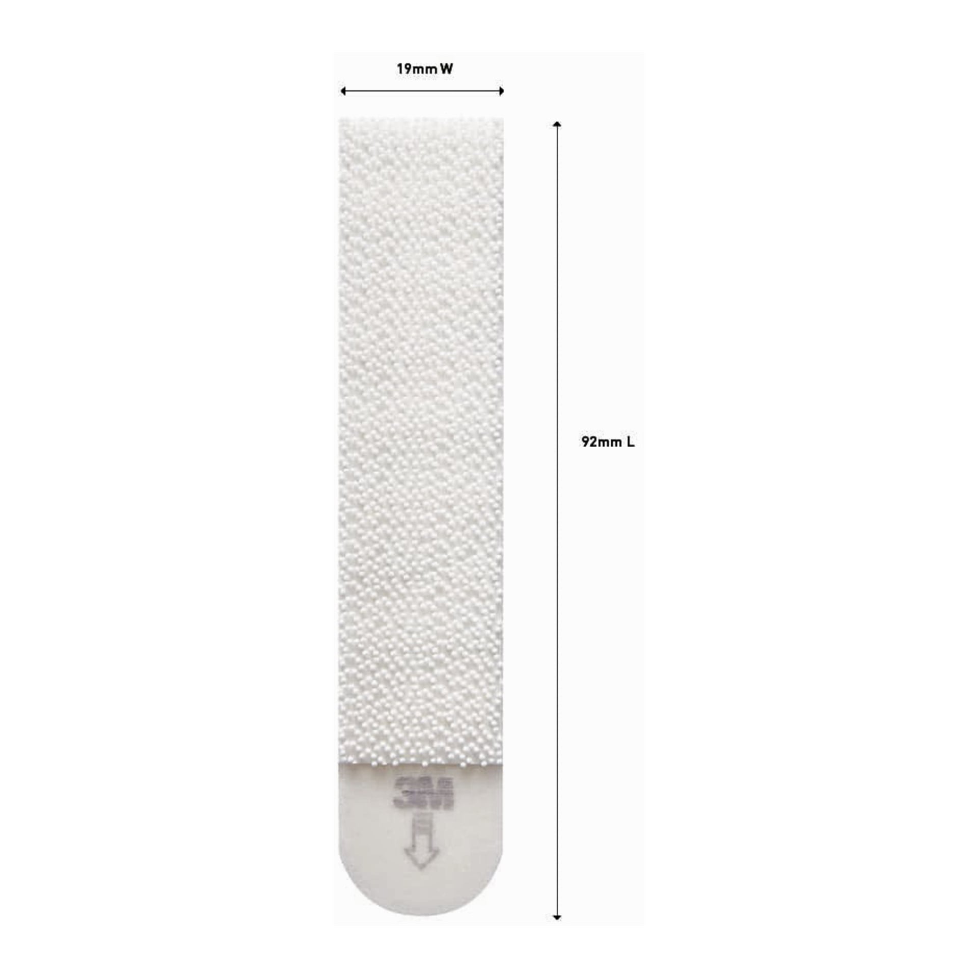 Wyświetlany jest pionowy pasek Command Large Picture Hanging Strip (19mm x 92mm) z zaokrąglonym dnem, logo 3M i strzałką skierowaną w dół.