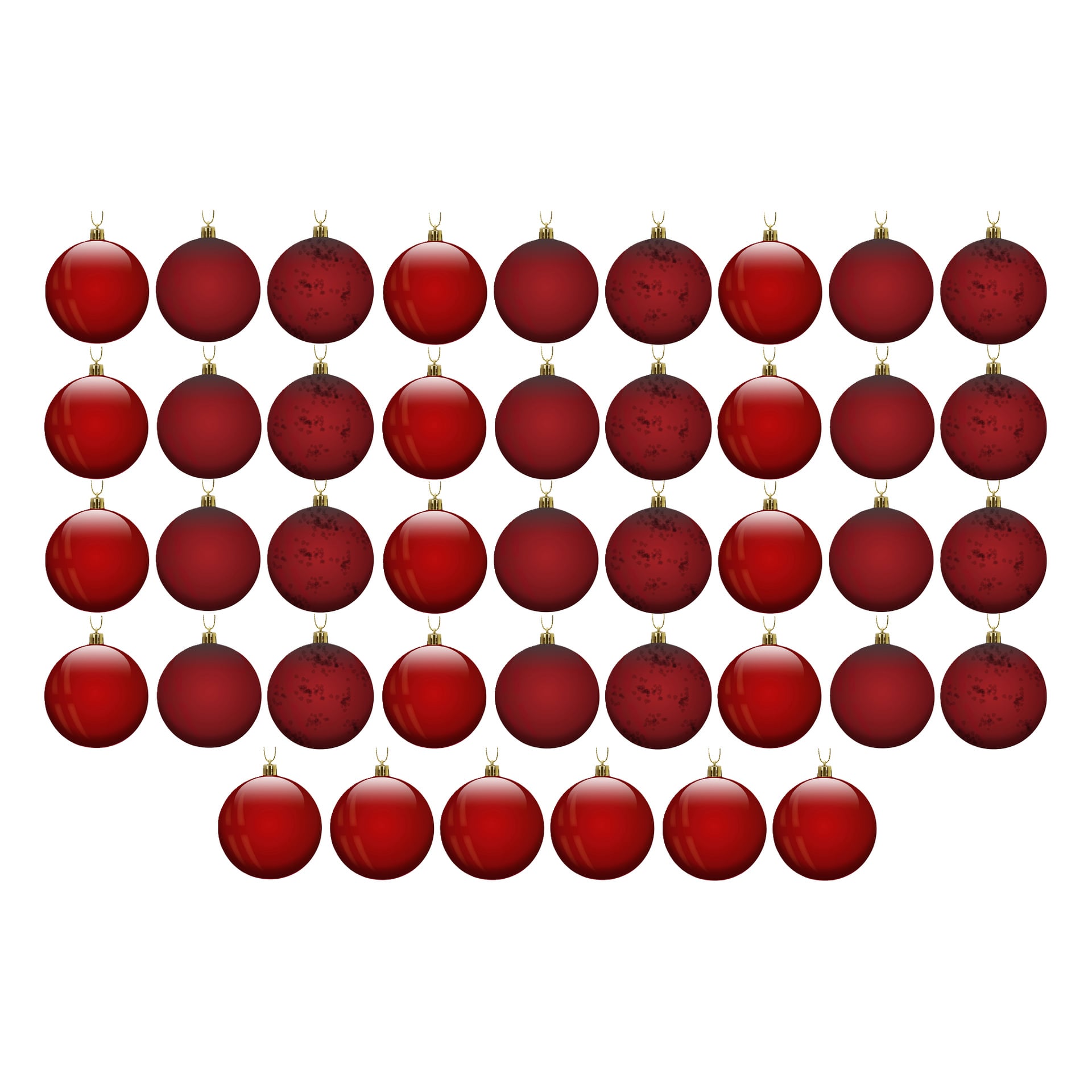 Ett rutnät av röda julprydnader med guldtoppar i fem rader. Den andra och fjärde kolumnen har en något annorlunda textur än resten. Bakgrunden är vit.