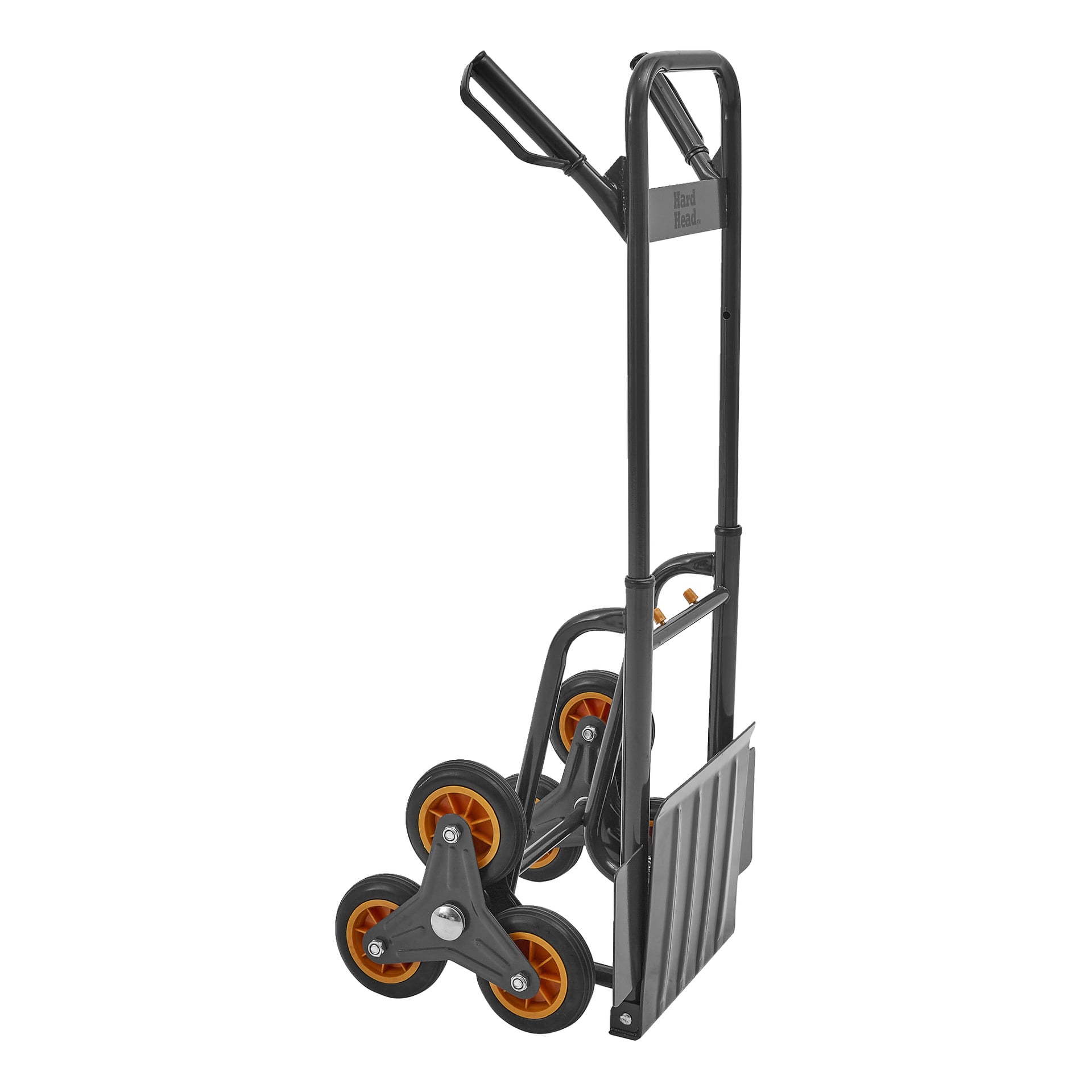 metalowy wózek wspinaczkowy Hard Head stair climber z pomarańczowymi zestawami trójkołowymi po każdej stronie; Nazwa marki widnieje na ramie.