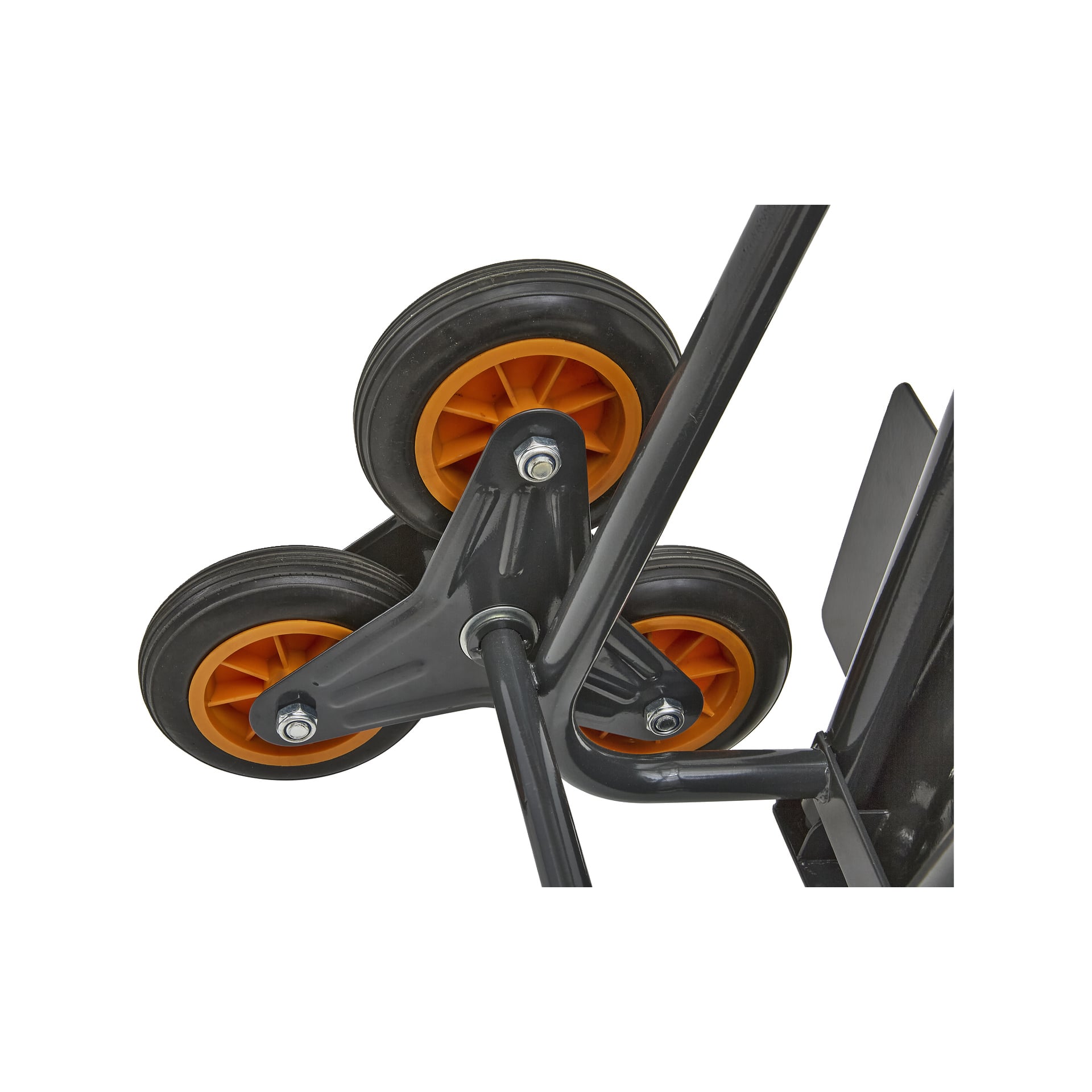 Szczegółowy widok mechanizmu koła Hard Head Stair Climber Barrow z trzema czarno-pomarańczowymi kołami ułożonymi trójkątnie na metalowej ramie.