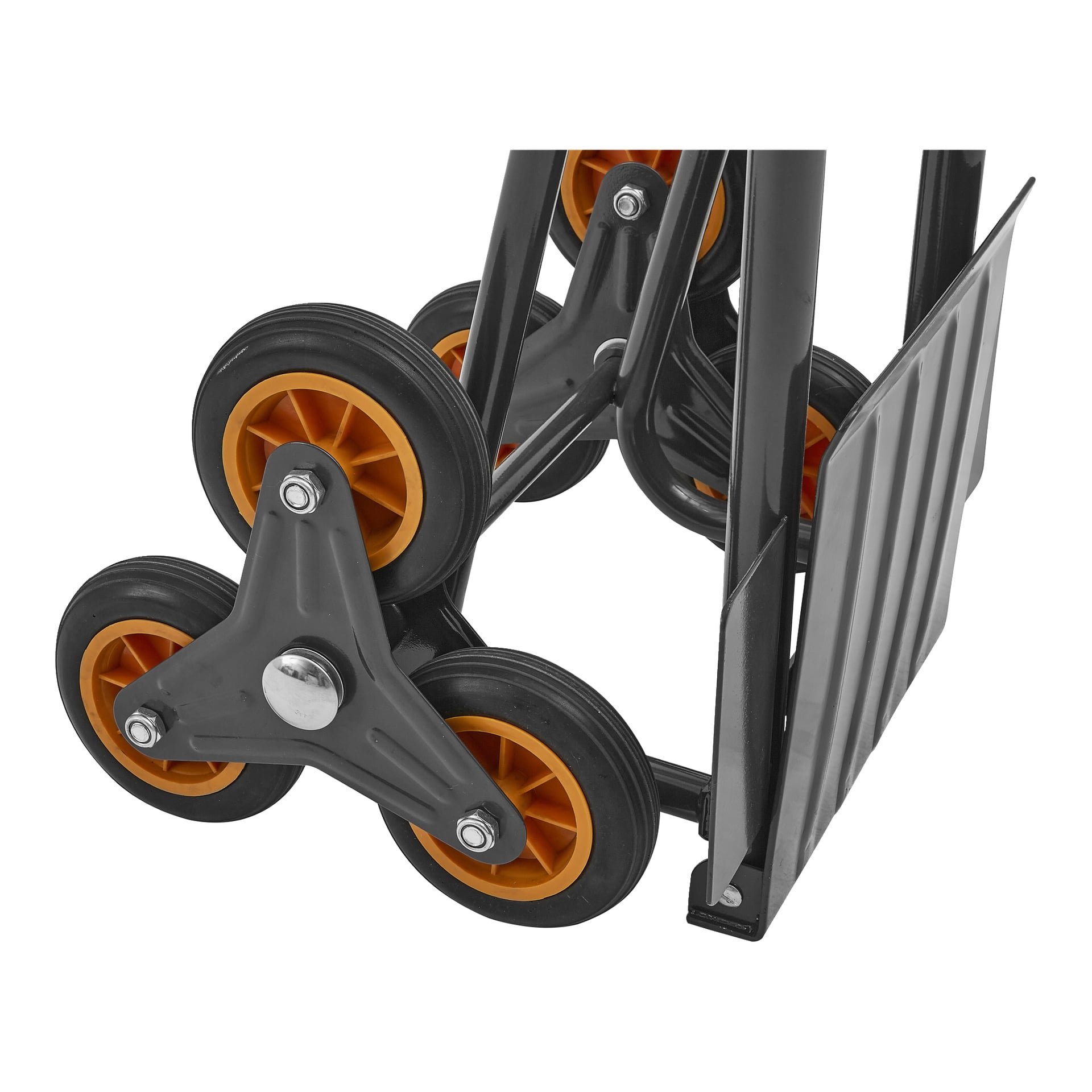 Szczegółowy widok układu kół Hard Head Stair Climber Barrow—trzy czarno-pomarańczowe koła ułożone trójkątnie z częściowo widoczną metalową tarczą nosną.