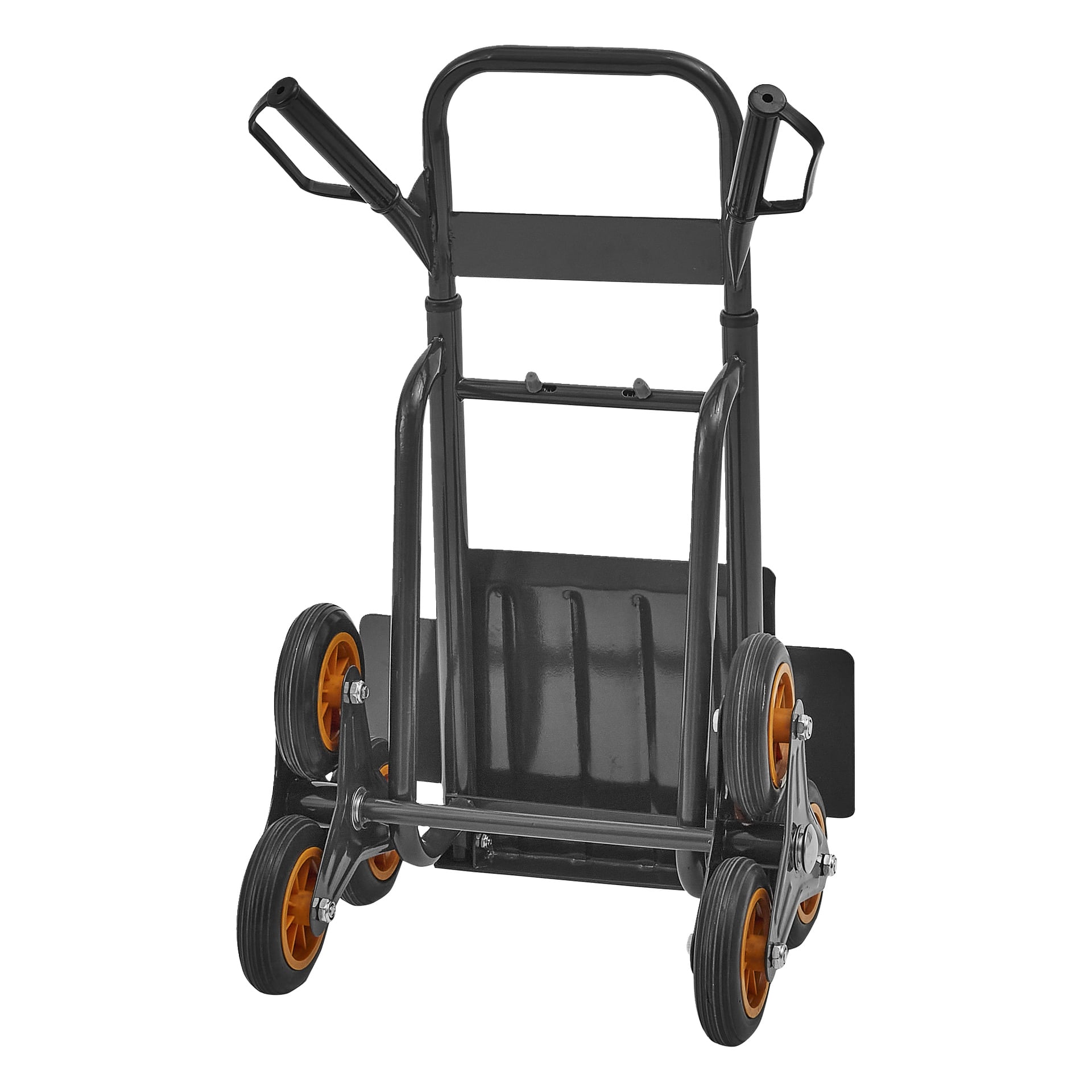 Hard Head Stair Climber Barrow z czarną ramą, trójkołami z pomarańczowymi wykończeniami po obu stronach, kierownicą i składaną tarczą na nos.