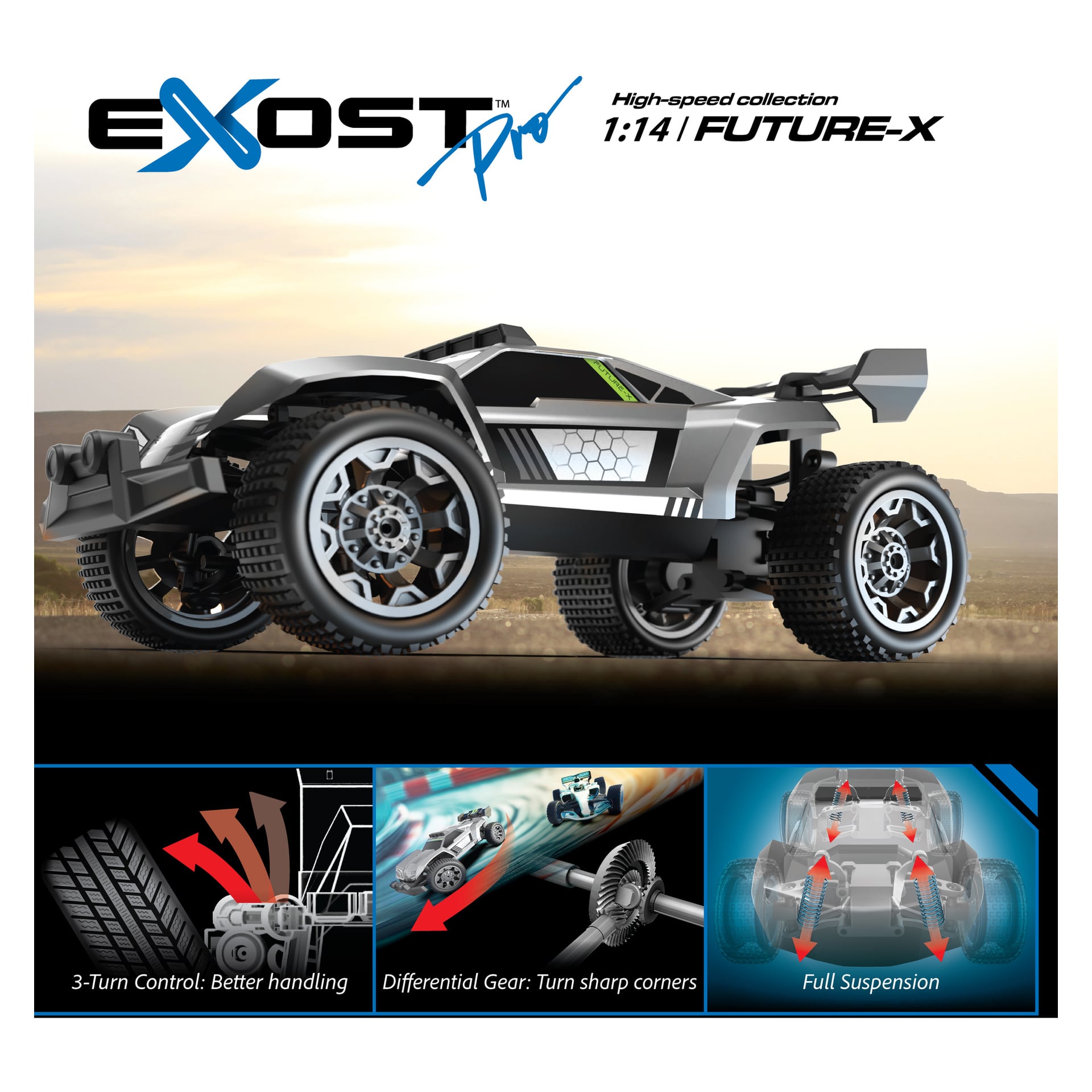 Ein Silverlit Exost Pro Future RC fährt auf einer Schotterstrecke, wobei unten Diagramme die 3-Kurven-Steuerung, Differentialgang und Federung zeigen.
