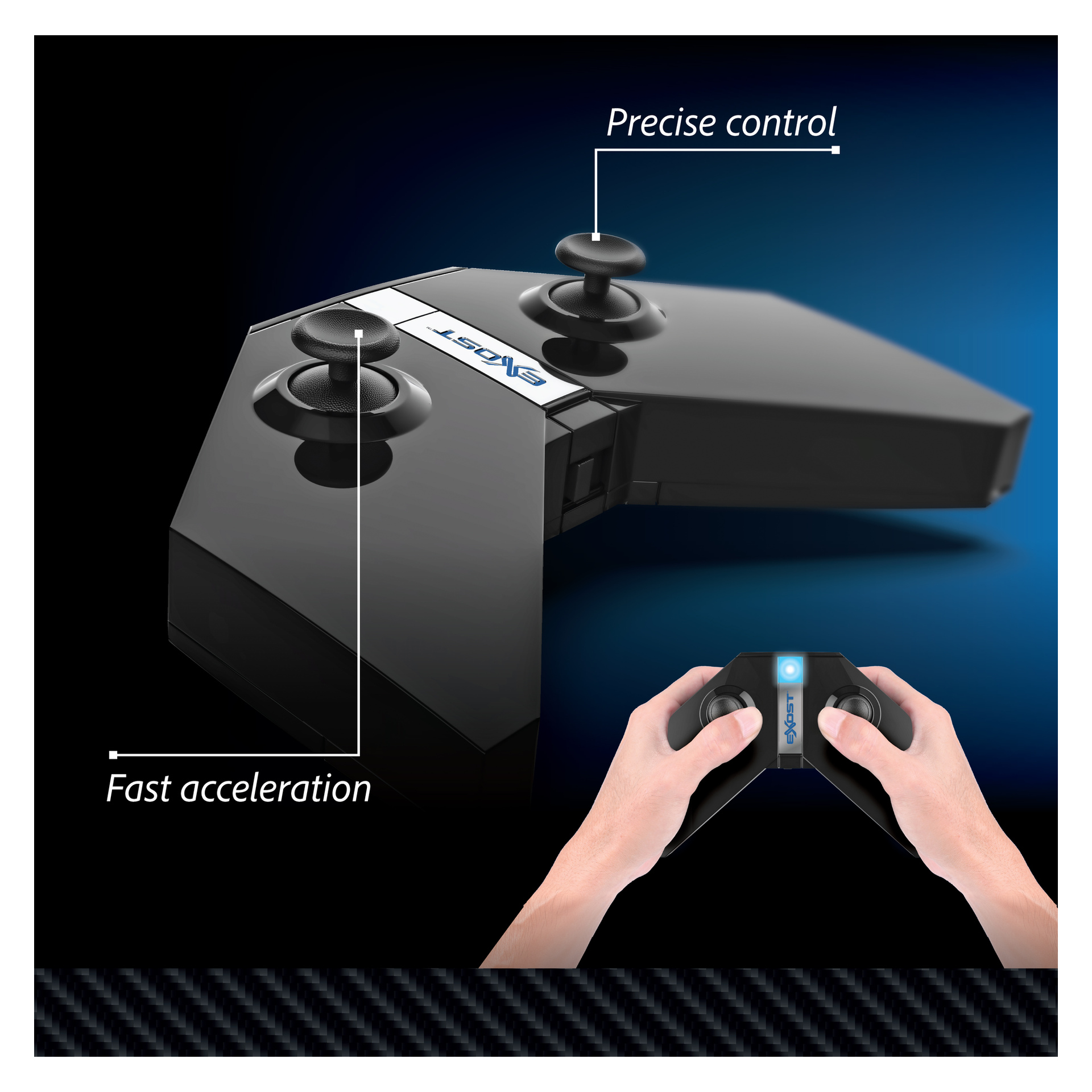 Die Hände greifen einen schwarzen SIXST-Controller mit zwei Joysticks für das Exost Pro Future-Auto; Der Text hebt präzise Steuerung und schnelle Beschleunigung hervor.