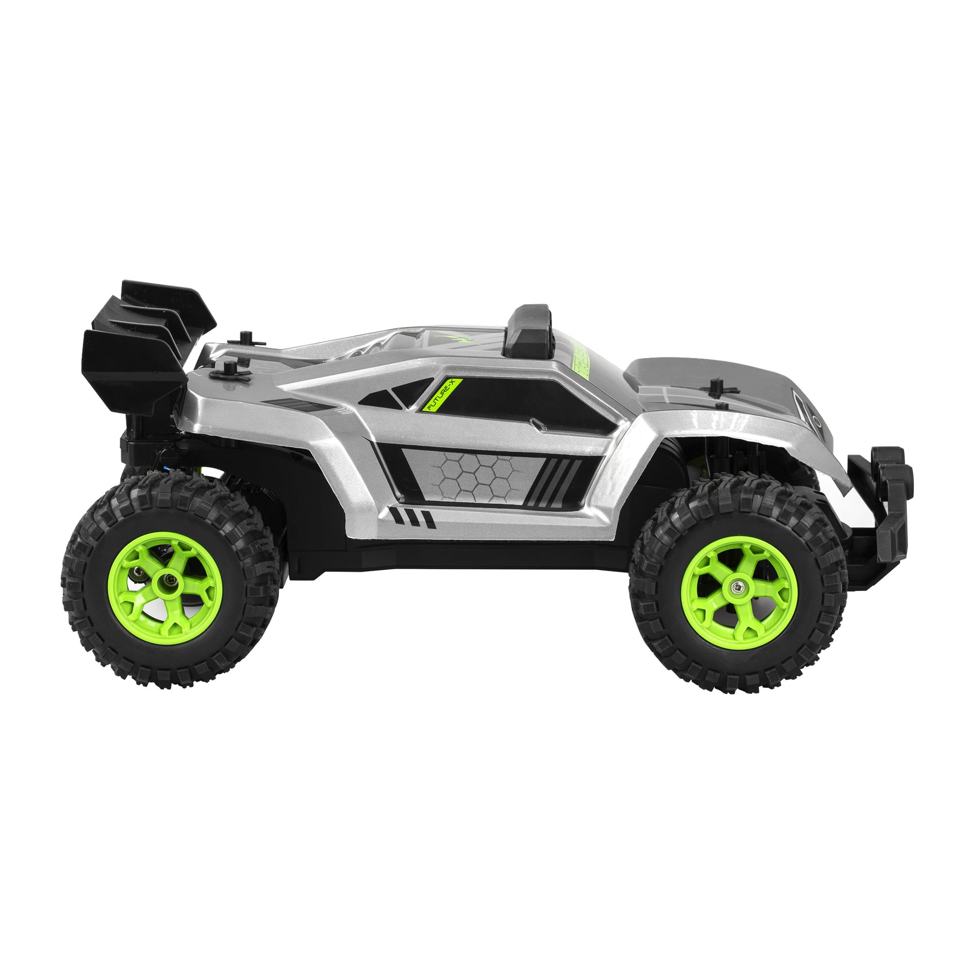 Das Silverlit Exost Pro Future RC-Auto in Silber und Schwarz mit neongrünen Felgen hat ein robustes Offroad-Design und sechseckige Details.
