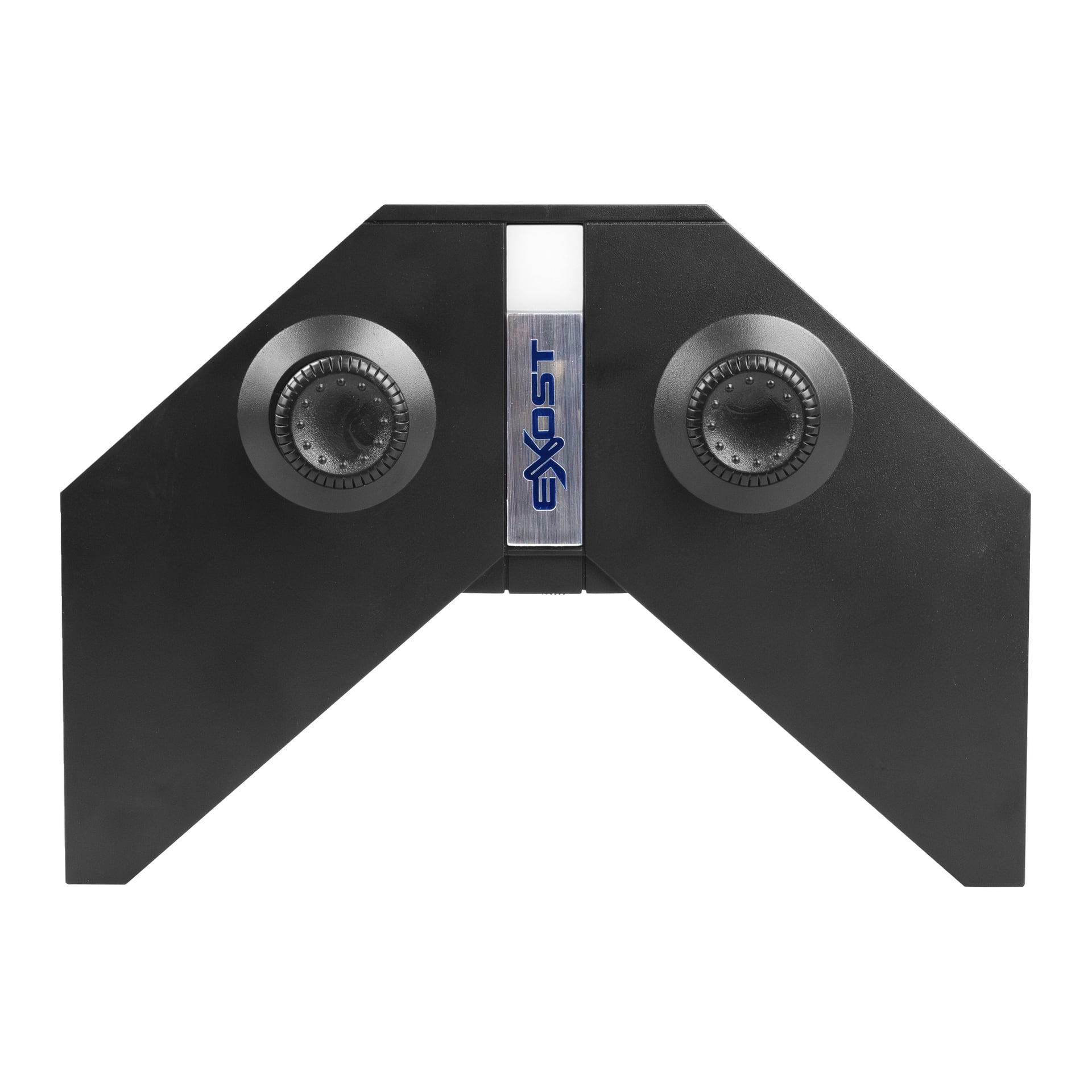 Ein kantiger schwarzer Controller für das Silverlit Exost Pro Future RC-Auto, mit zwei Analogsticks und einem metallischen Streifen mit der blauen Aufschrift "EXOST".