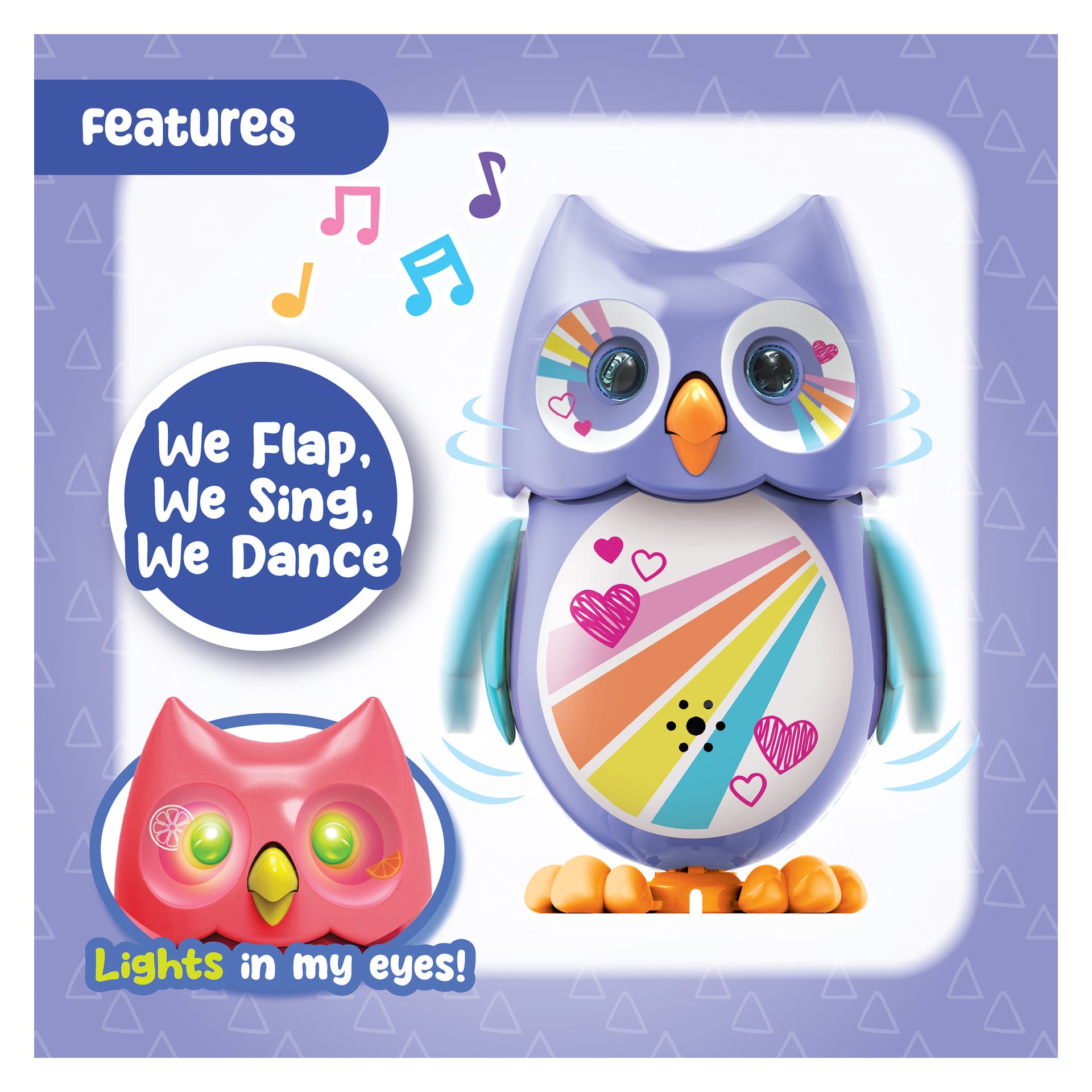 Silverlit Toy uggla Mini Hoot är en lila och blå leksak med en regnbåge och hjärtan på magen. Den kan flaxa, sjunga, dansa och har lysande ögon med texten "Ljus i mina ögon!".