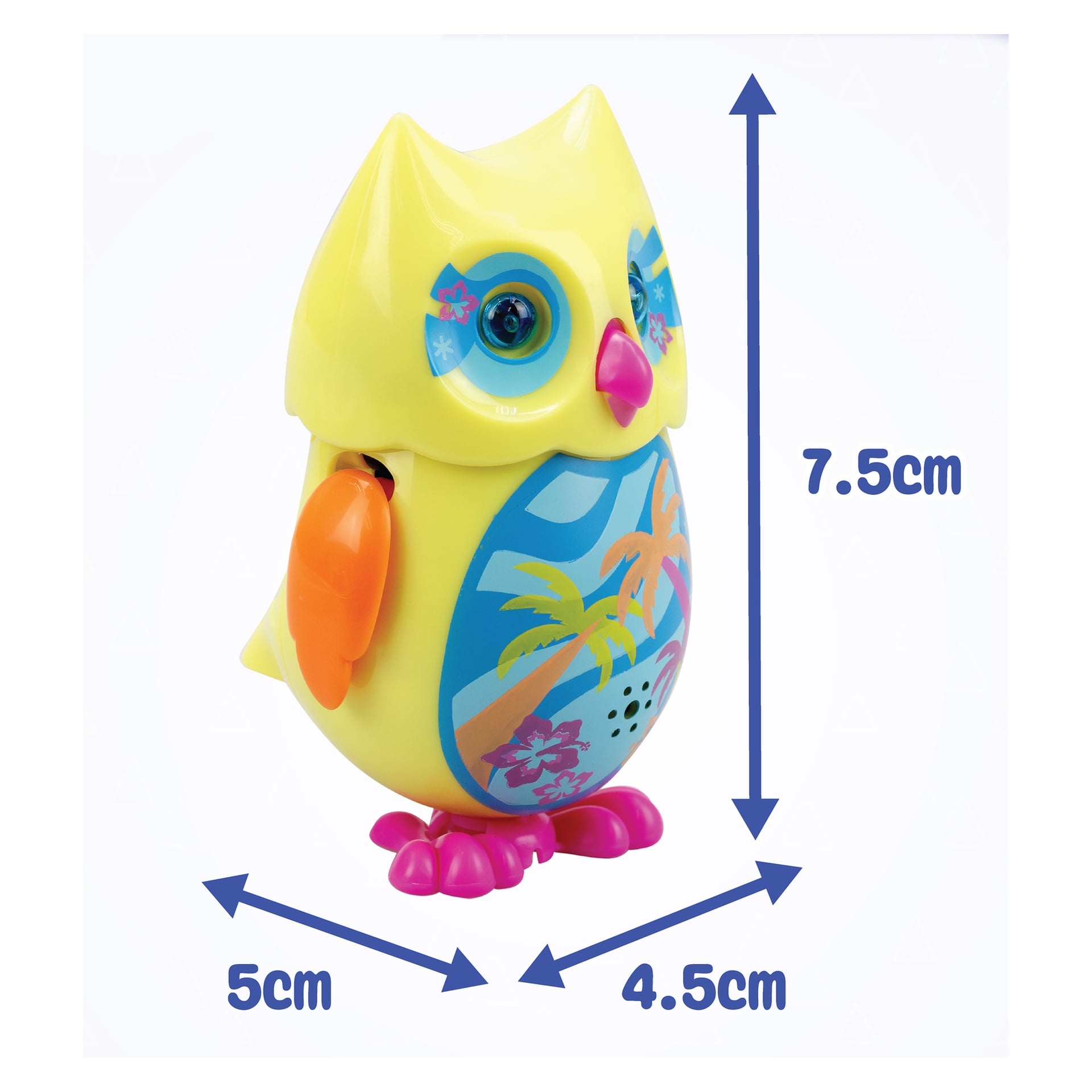 Leksaksuggan Mini Hoot från Silverlit är en gul uggla med blå och orange detaljer, rosa fötter och en mage dekorerad med en strandscen. Dess storlek anges som "7,5 cm hög, 5 cm bred och 4,5 cm djup."