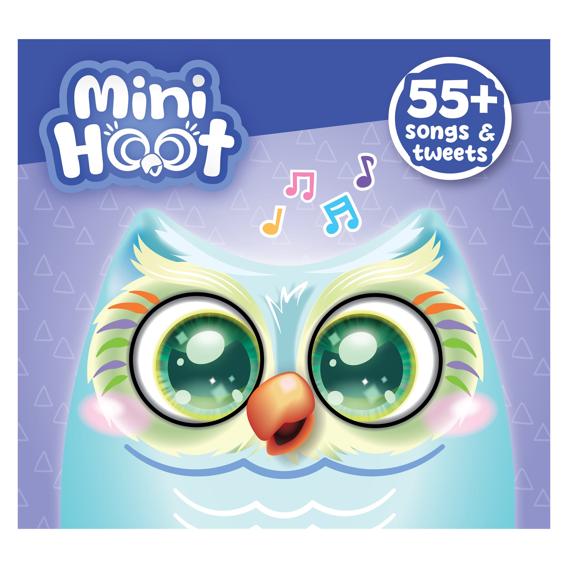 Illustration av leksaksuggan Mini Hoot av Silverlit med stora gröna ögon, livfulla ögonbryn och musikaliska toner på lila bakgrund. Bilden innehåller texten: "55+ låtar & tweets.".
