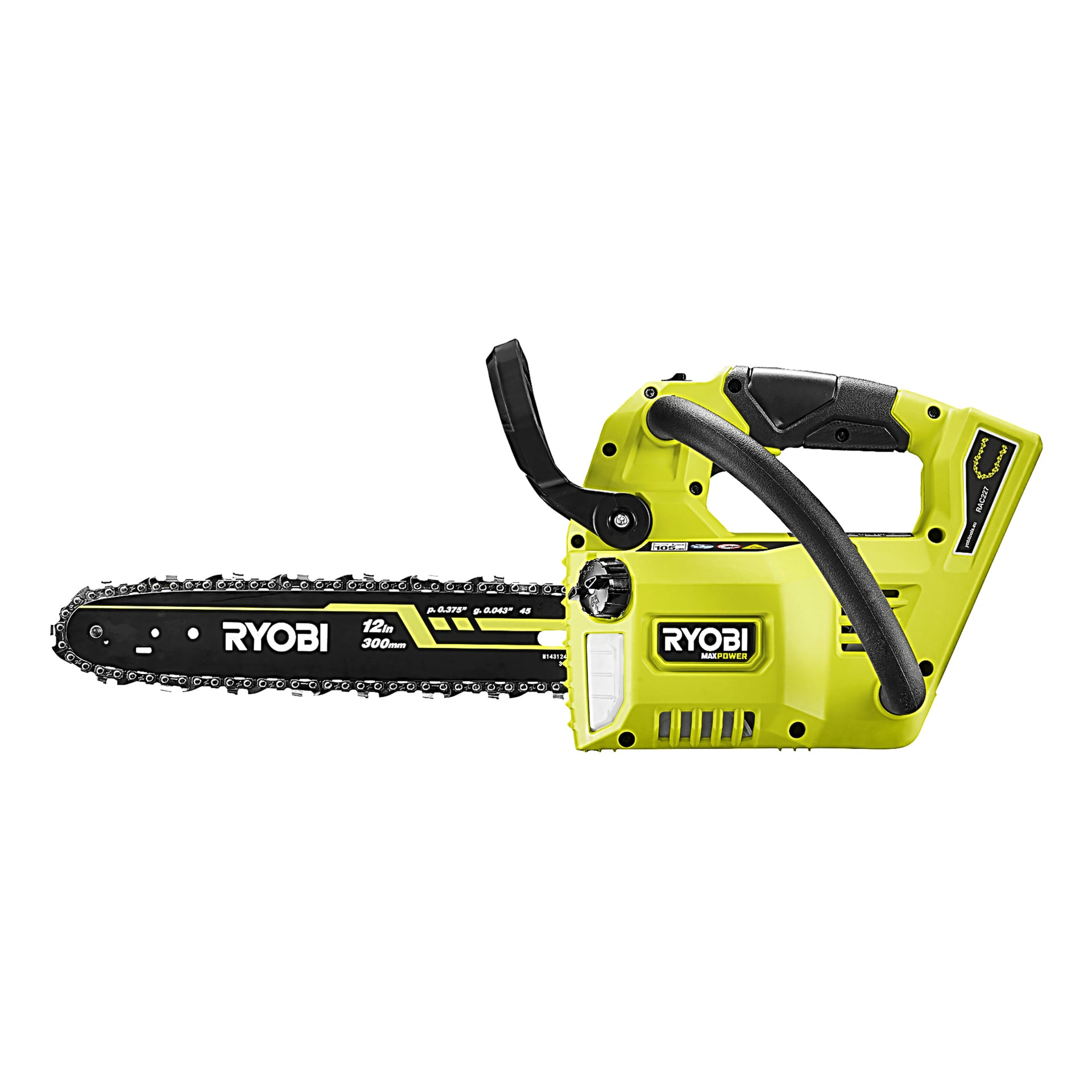 Sidovy av en gul och svart Ryobi Max Power-motorsåg, som visar logotypen, batteriplatsen och kedjestången med mätmärken.