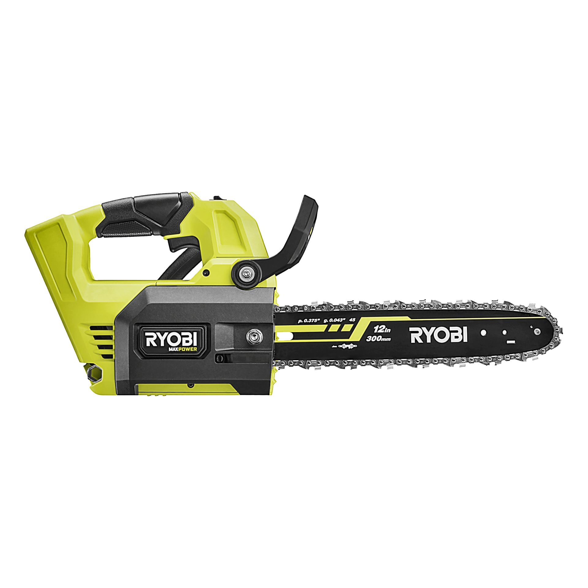 Gul och svart Ryobi Max Power Battery motorsåg RY36THCSX30A-0, 12-tums stång och kedja, logotyp och ströminformation synlig.