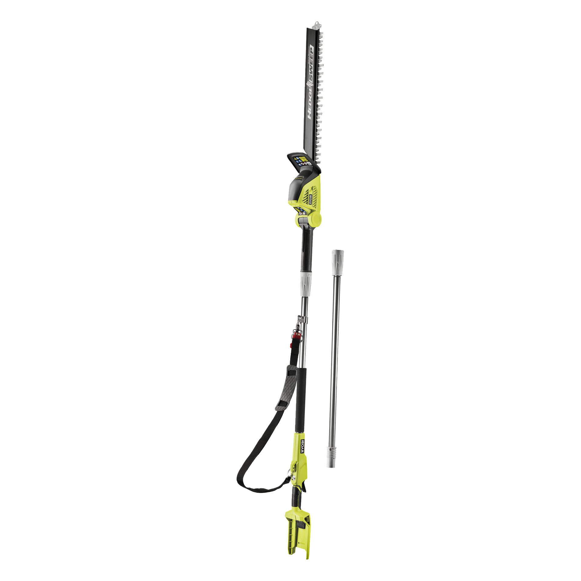 Ryobi Max Power Battery hekketrimmer RY36PHT50A-0 har en gul og svart uttrekkbar stang, skulderstropp og ekstra forlengelse.