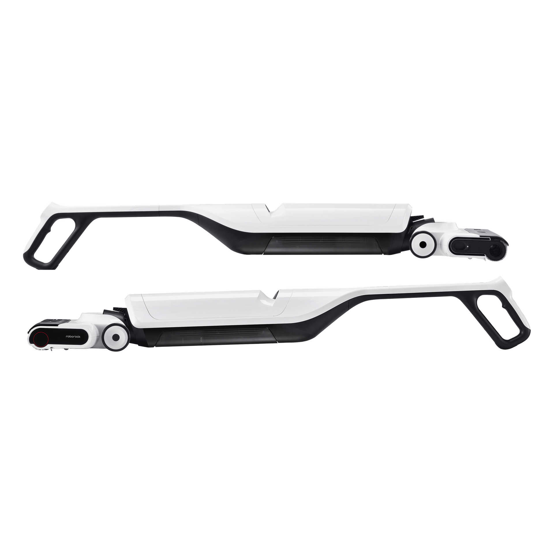 To moderne Roborock Flexi Lite stående støvsugere med moppfunksjon står side om side, med hvite og svarte design.