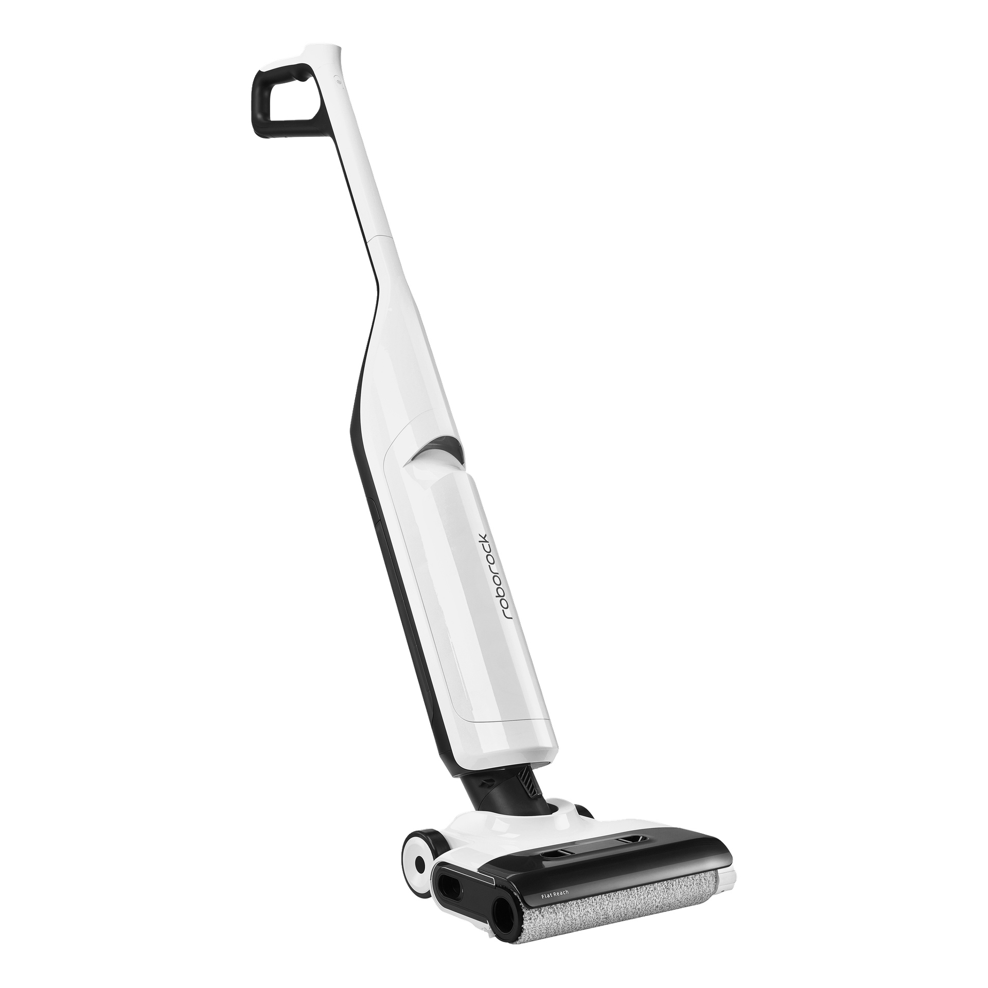 Roborock Flexi Lite, en hvit og svart oppreist støvsuger med moppfunksjon, har håndtak, rullebørste og to hjul nederst.