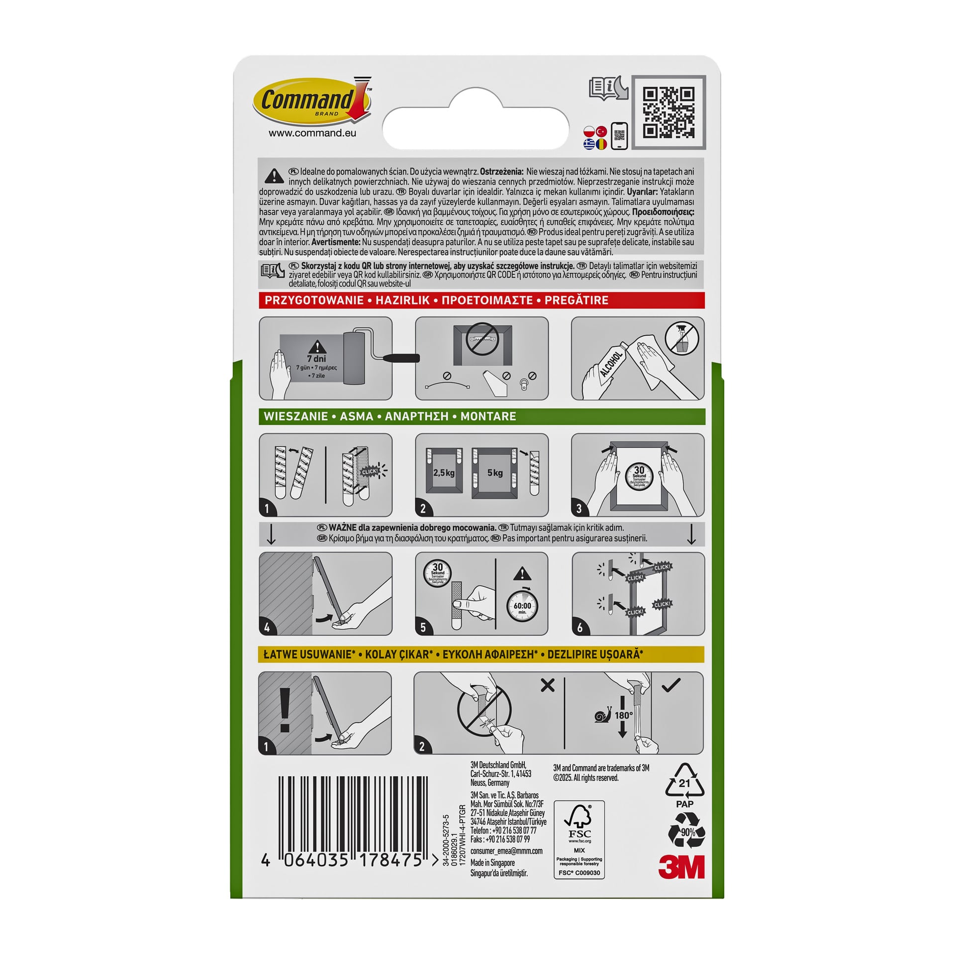Na tylnej stronie Command Narrow Picture Hanging Strips 4 pary są ilustrowane instrukcje, ikony i logo 3M w prawym dolnym rogu.
